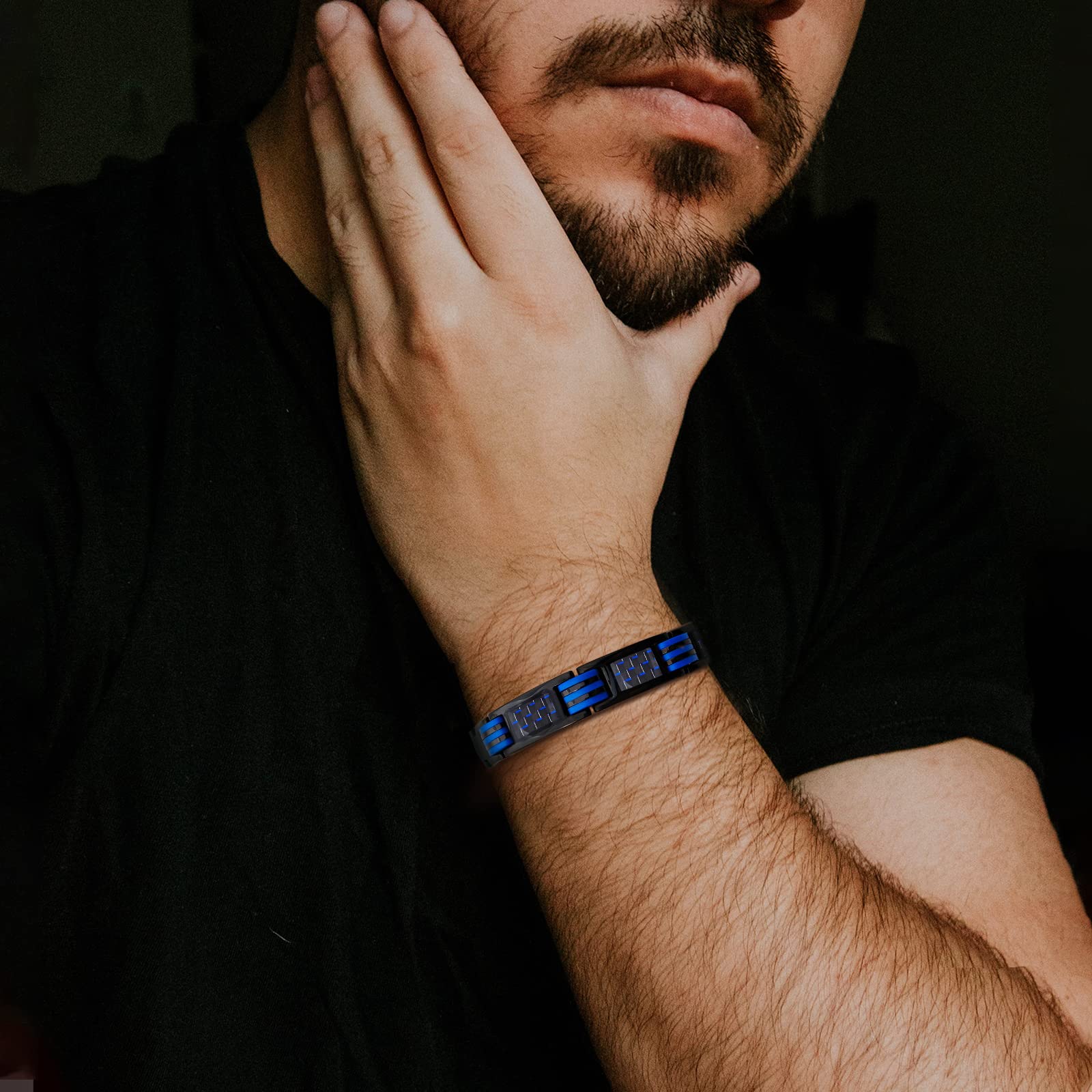 JEROOT Magnetic Bracelets for Men, Blue Carbon Fiber Pure Titanium Magnetic Bracelet
