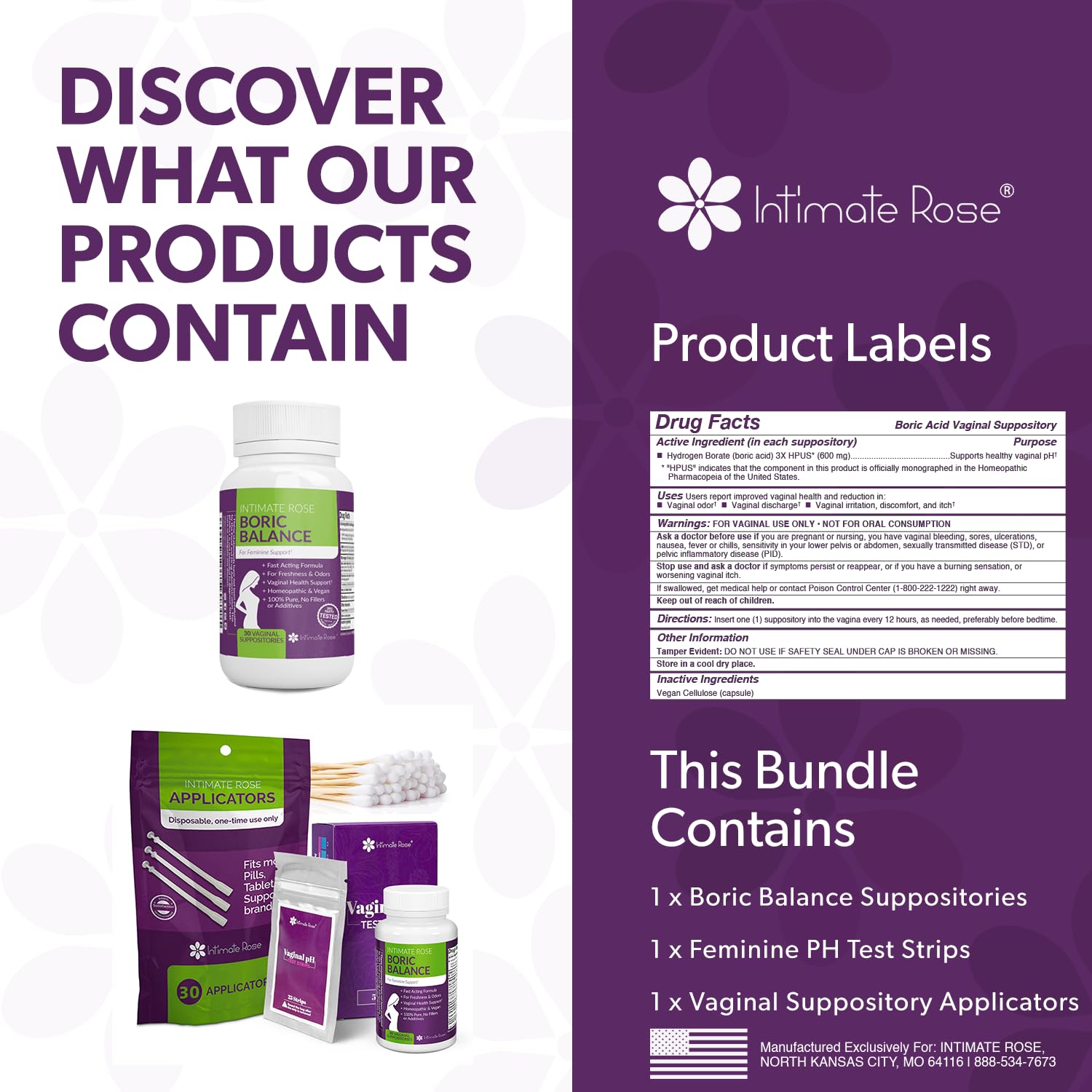 Intimate Rose Boric Acid Suppositories + 15 Count Vaginal Suppository Applicator + pH Test Strips