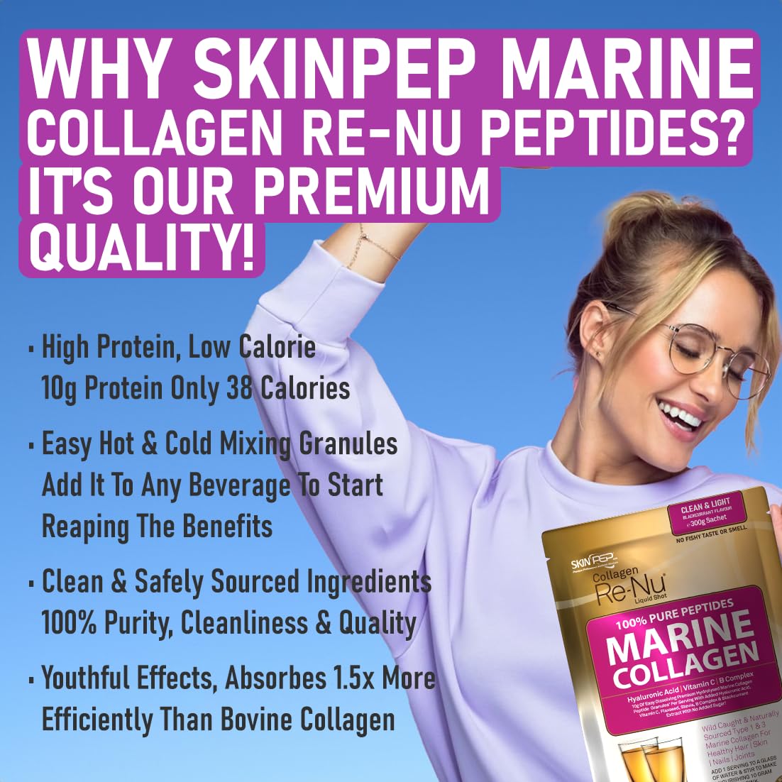 Premium Hydrolysed Marine Collagen Peptide Powder + VIT C, B Complex Hyaluronic Acid, & Stevia. Delicious Taste/No Fishy Smell - SkinPep® Collagen Re-Nu 300g - 30 Days Supply