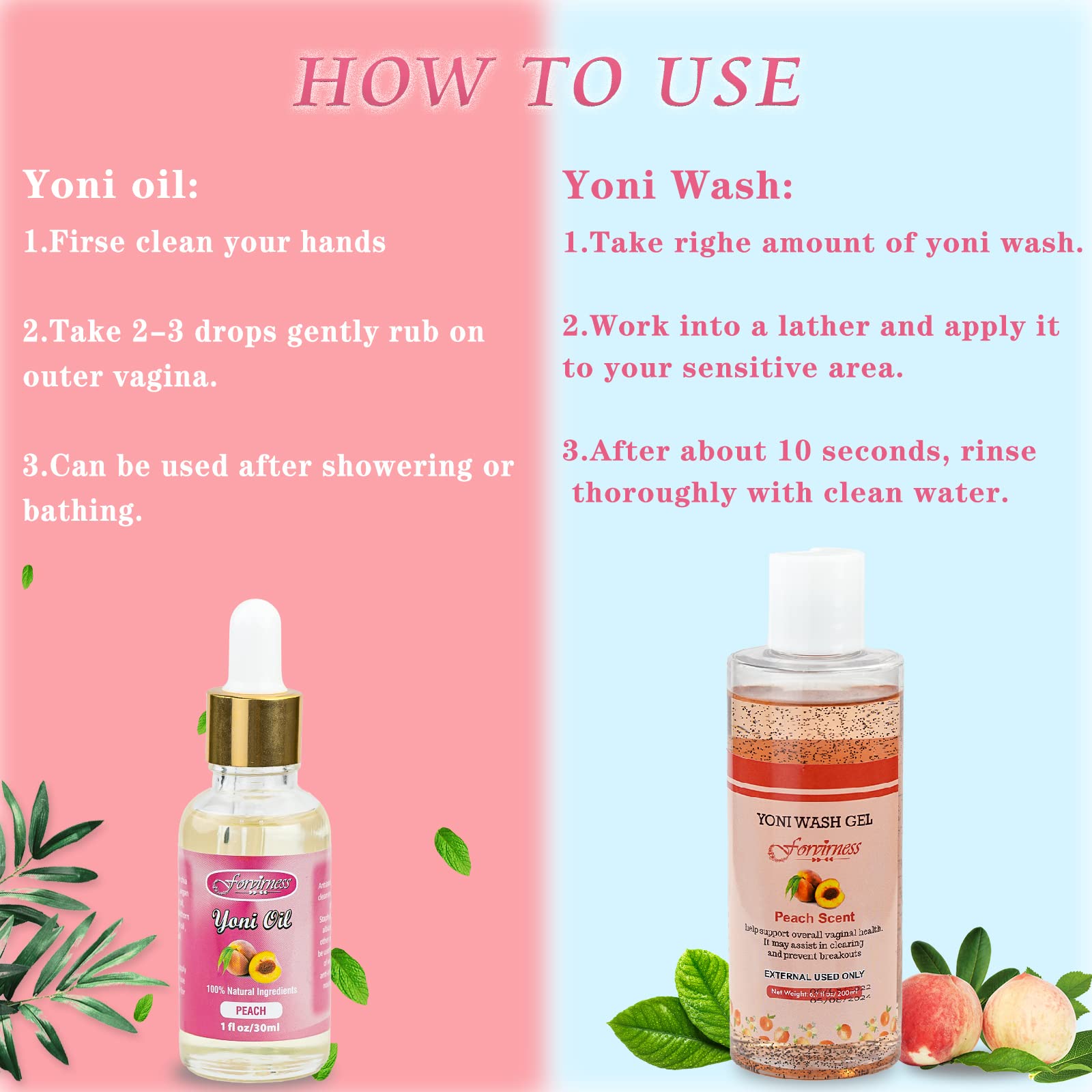 forvirness Feminine Wash & Natural Yoni Oil Set - Cleanse, Remove Odor, pH Balance for Women