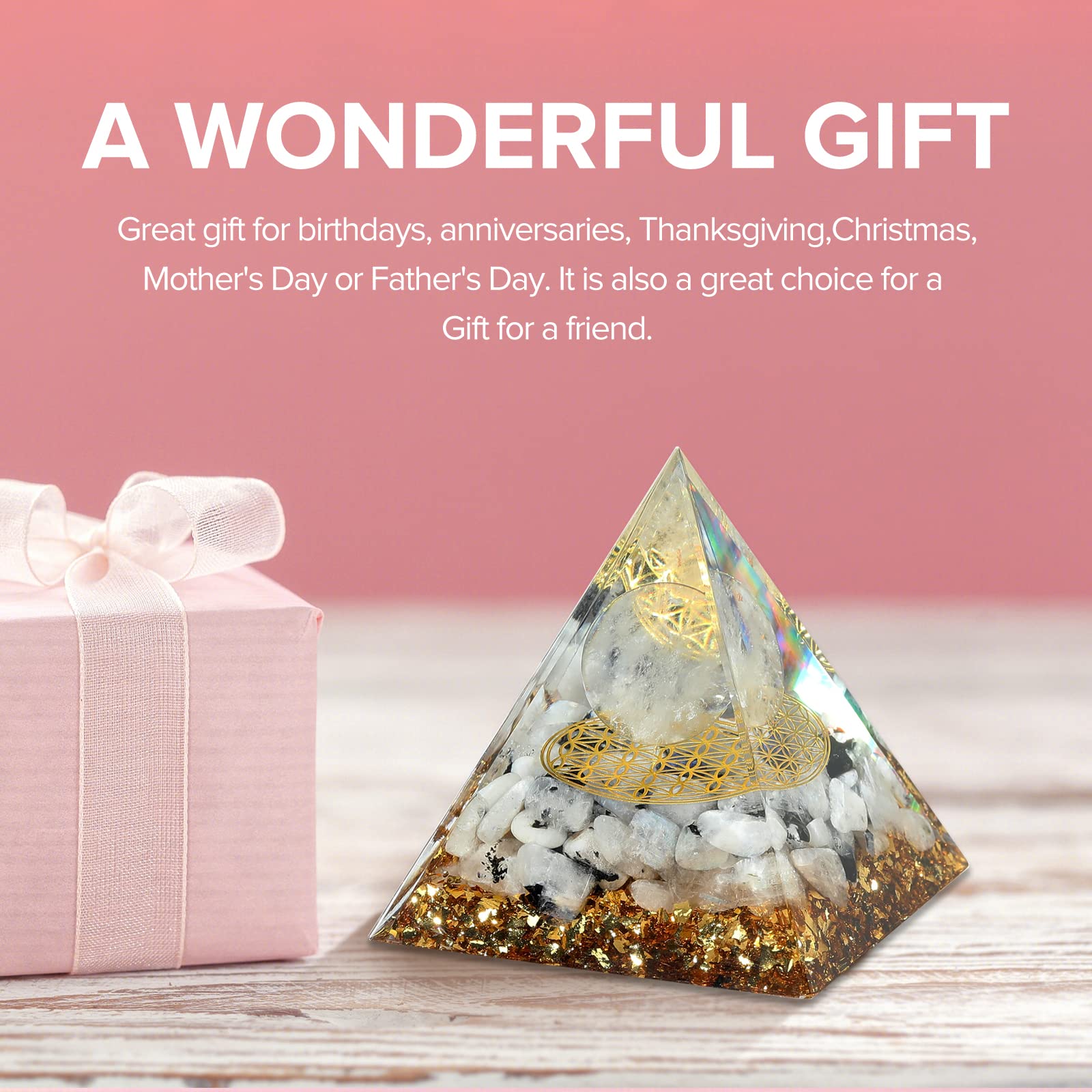 Hopeseed Orgone Pyramid for Positive Energy, Orgonite Rainbow Moonstone&White Crystal