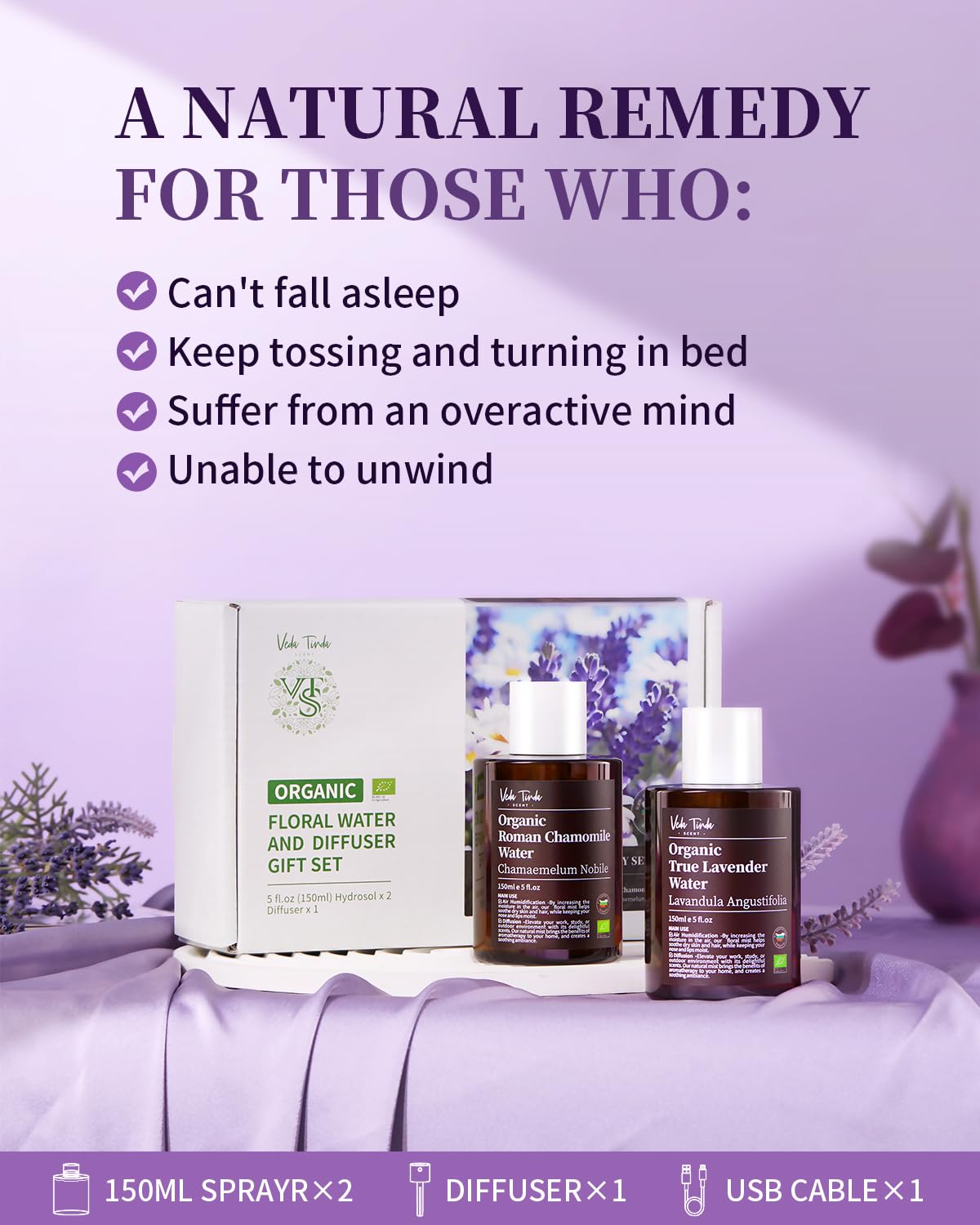 VTS Organic Lavender Water and Roman Chamomile Floral Water with Diffuser, Aromatherapy Air