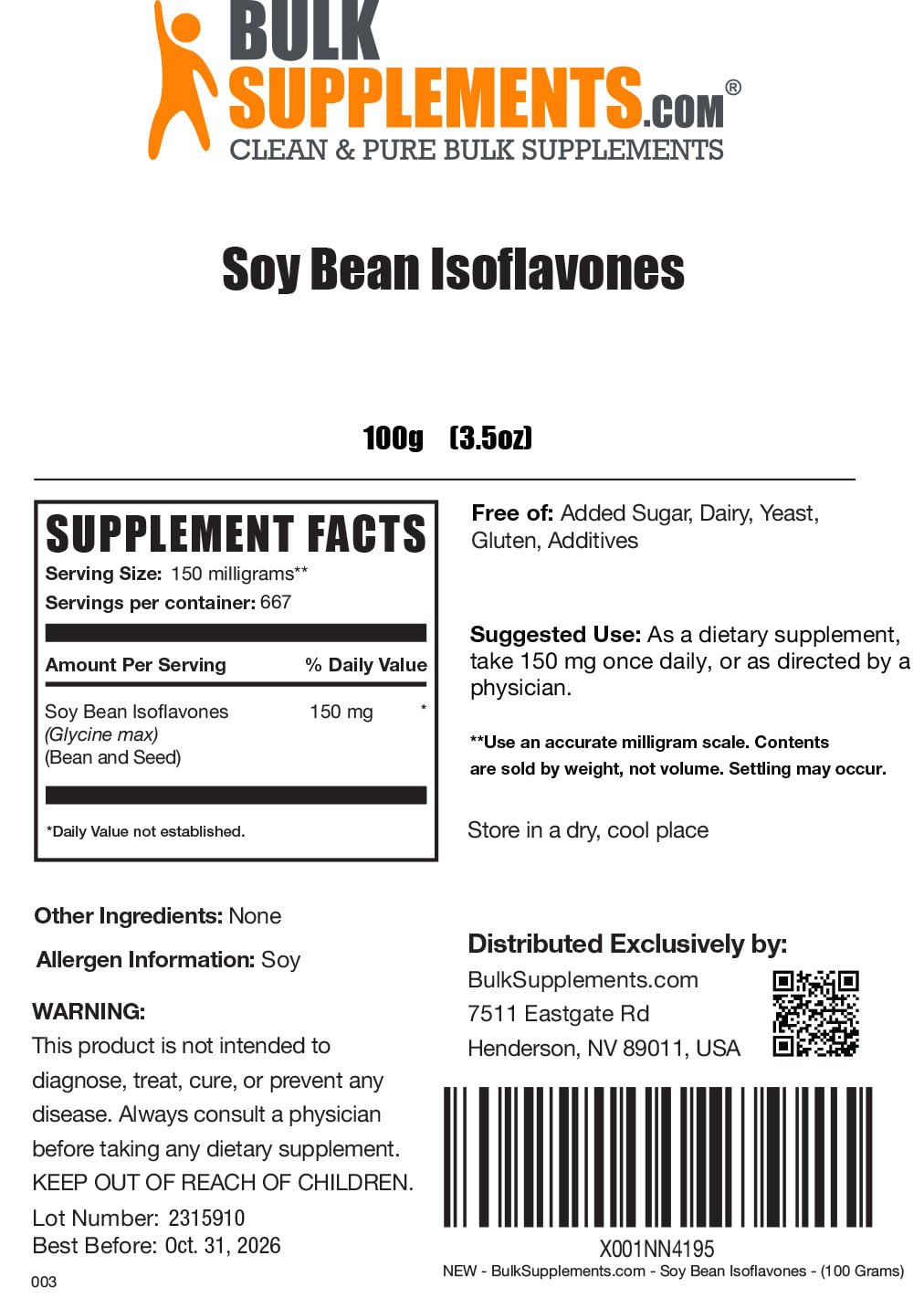 BULKSUPPLEMENTS.COM Soy Isoflavones Powder - Soy Isoflavones 150mg, Isoflavones Supplement