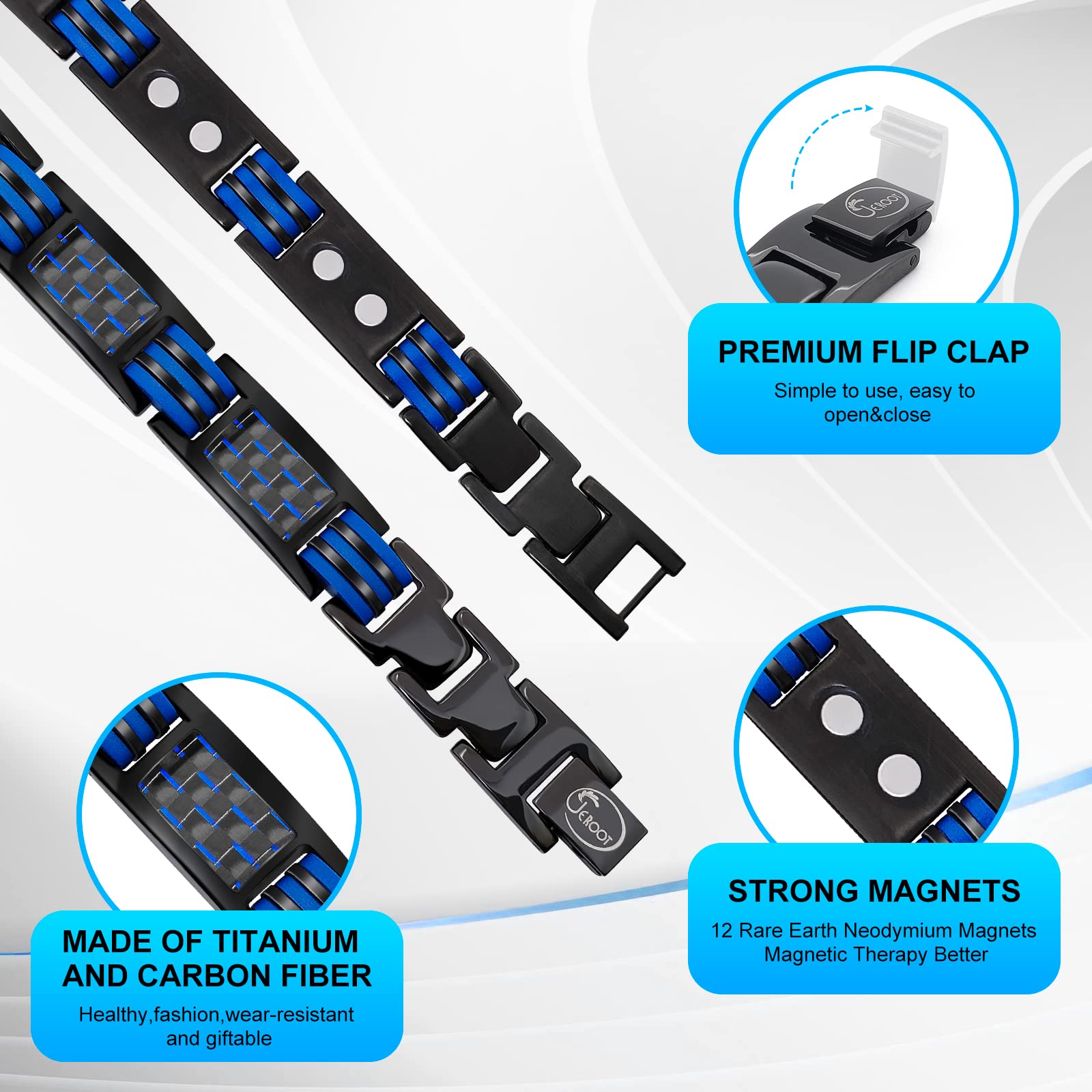 JEROOT Magnetic Bracelets for Men, Blue Carbon Fiber Pure Titanium Magnetic Bracelet