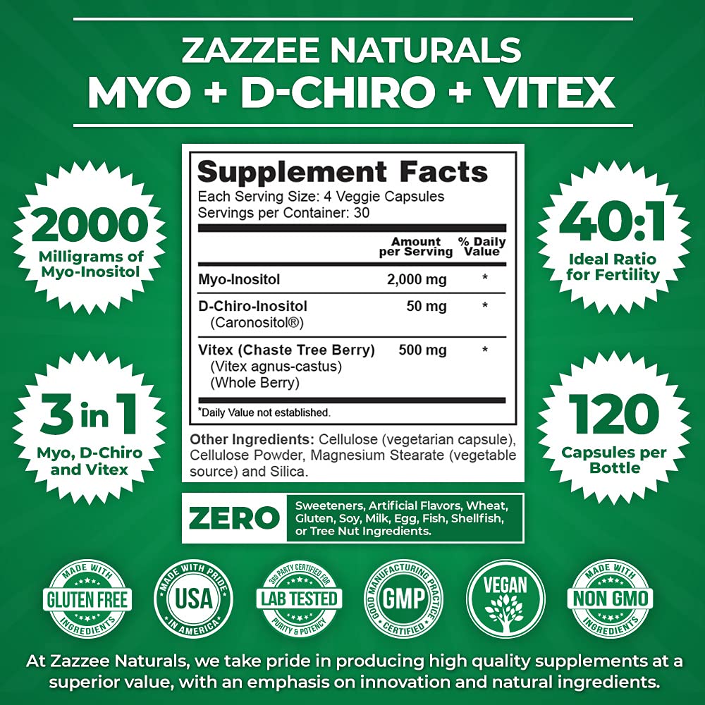 Zazzee Myo-Inositol + D-Chiro + Vitex, 120 Vegan Capsules, Optimal 40:1 Inositol Ratio, with 500 mg Vitex