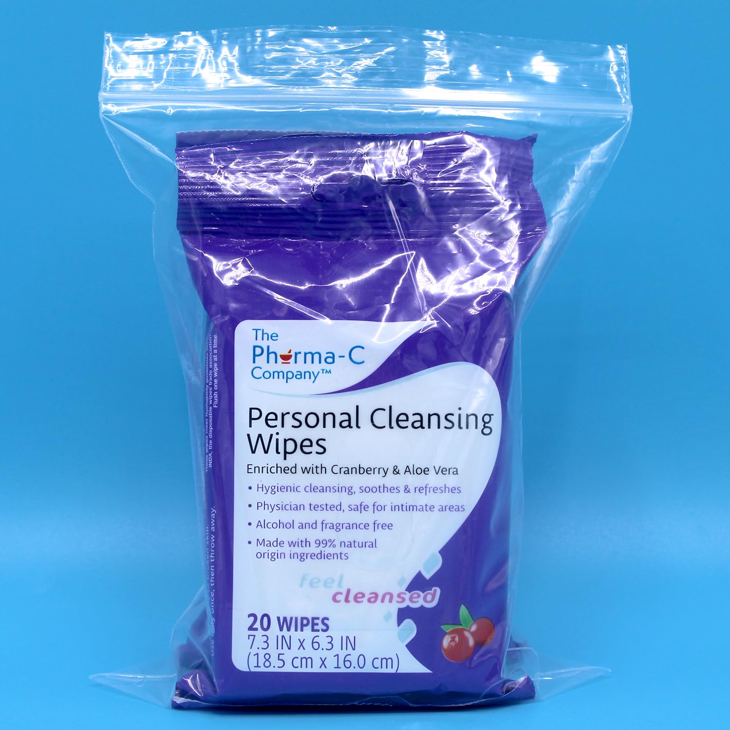The Pharma-C Company Personal Cleansing Wipes [2 packs of 20 wipes] - Enriched with Cranberry & Aloe Vera
