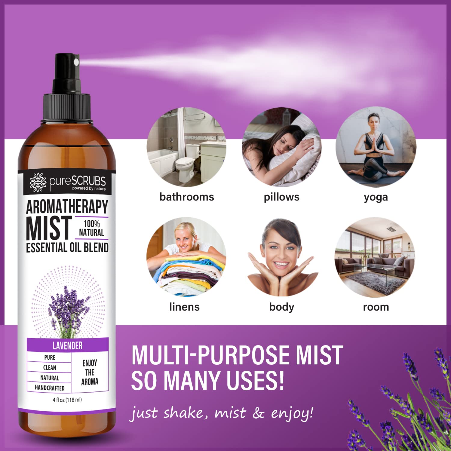 Shake, Mist & Enjoy - pureSCRUBS Premium Lavender Aromatherapy Spray Mist for Room, Body, Linens