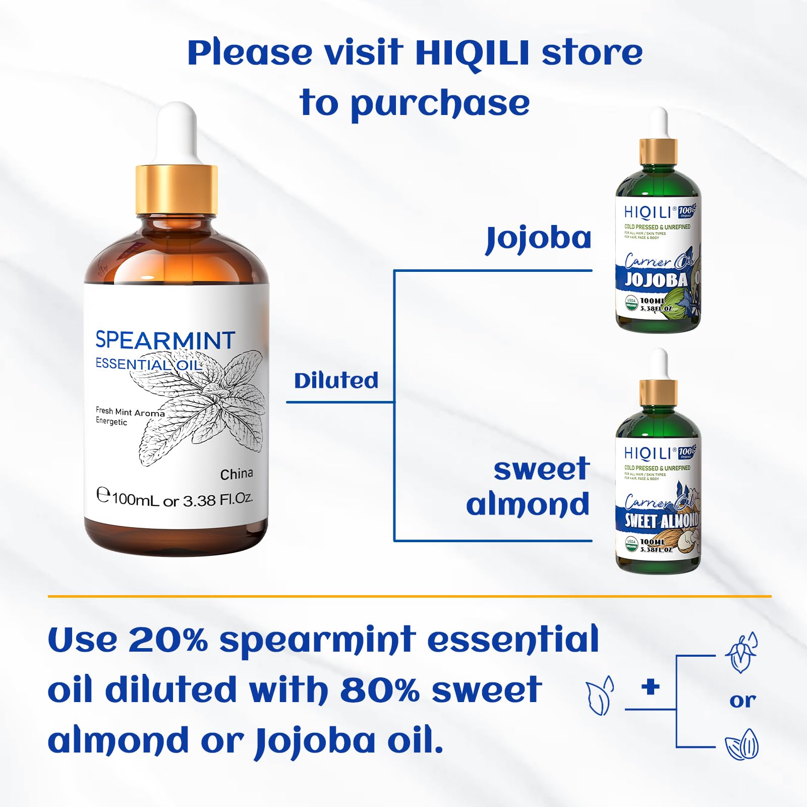 HIQILI 100ML Spearmint Essential Oil for Skin Care -100% Pure Treatment Grade - 3.38 Fl Oz.