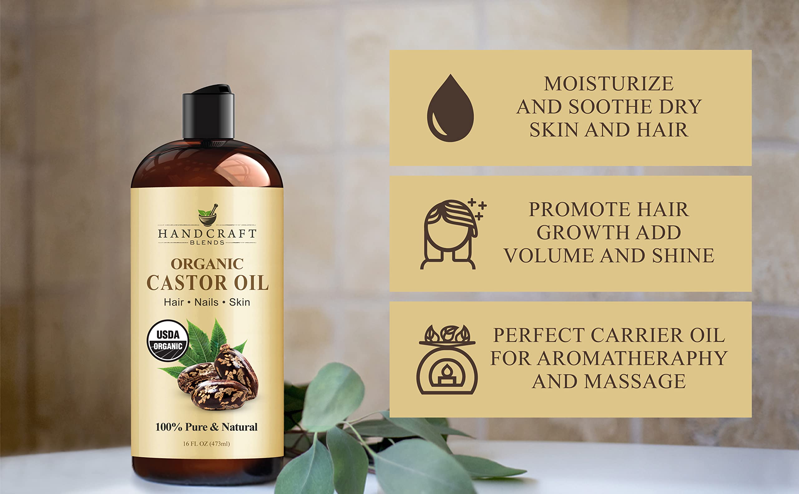 Handcraft Blends Organic Castor Oil for Hair Growth, Eyelashes and Eyebrows - 100% Pure