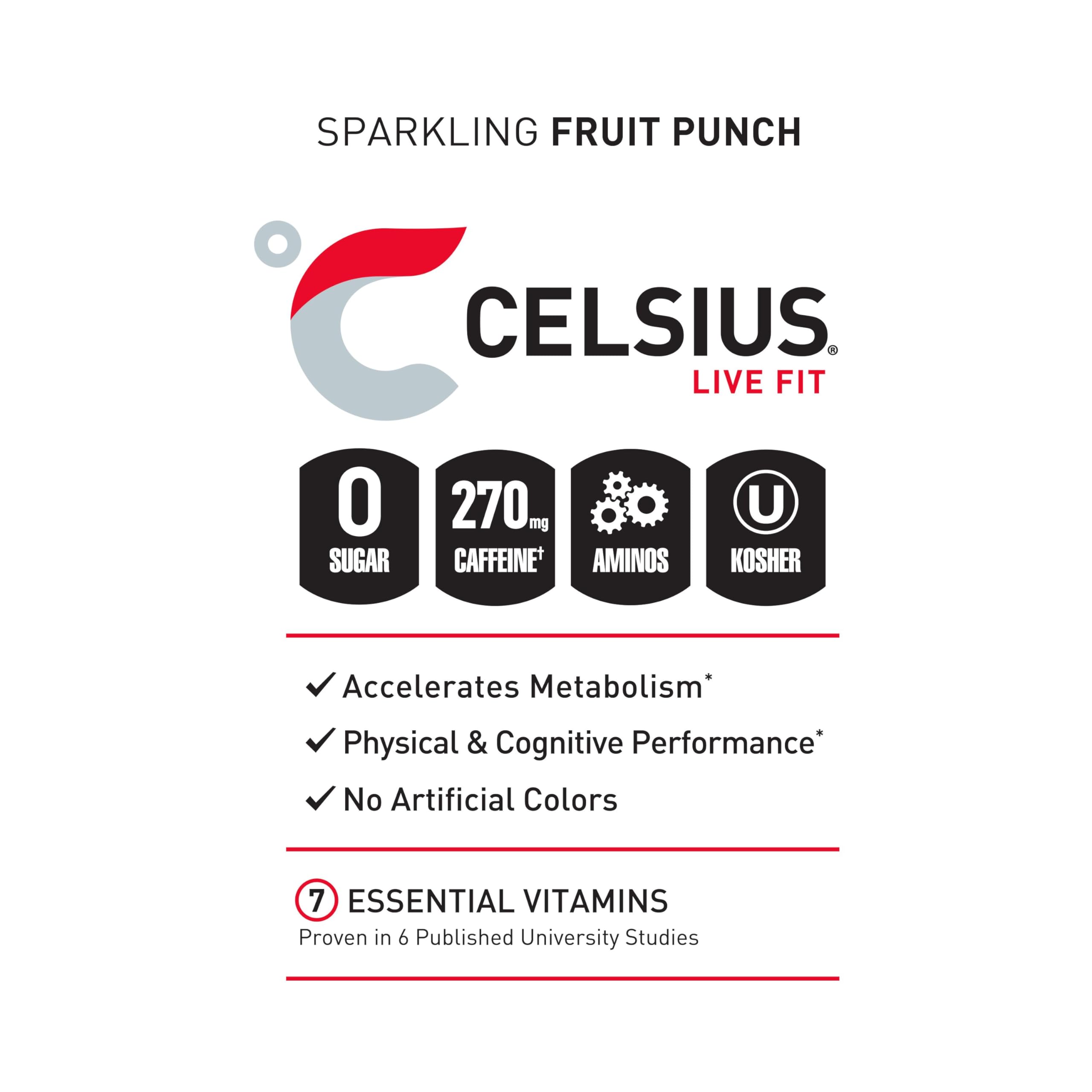 CELSIUS ESSENTIALS, Sparkling Fruit Burst, Performance Energy Drink 16 Fl Oz (Pack of 12)