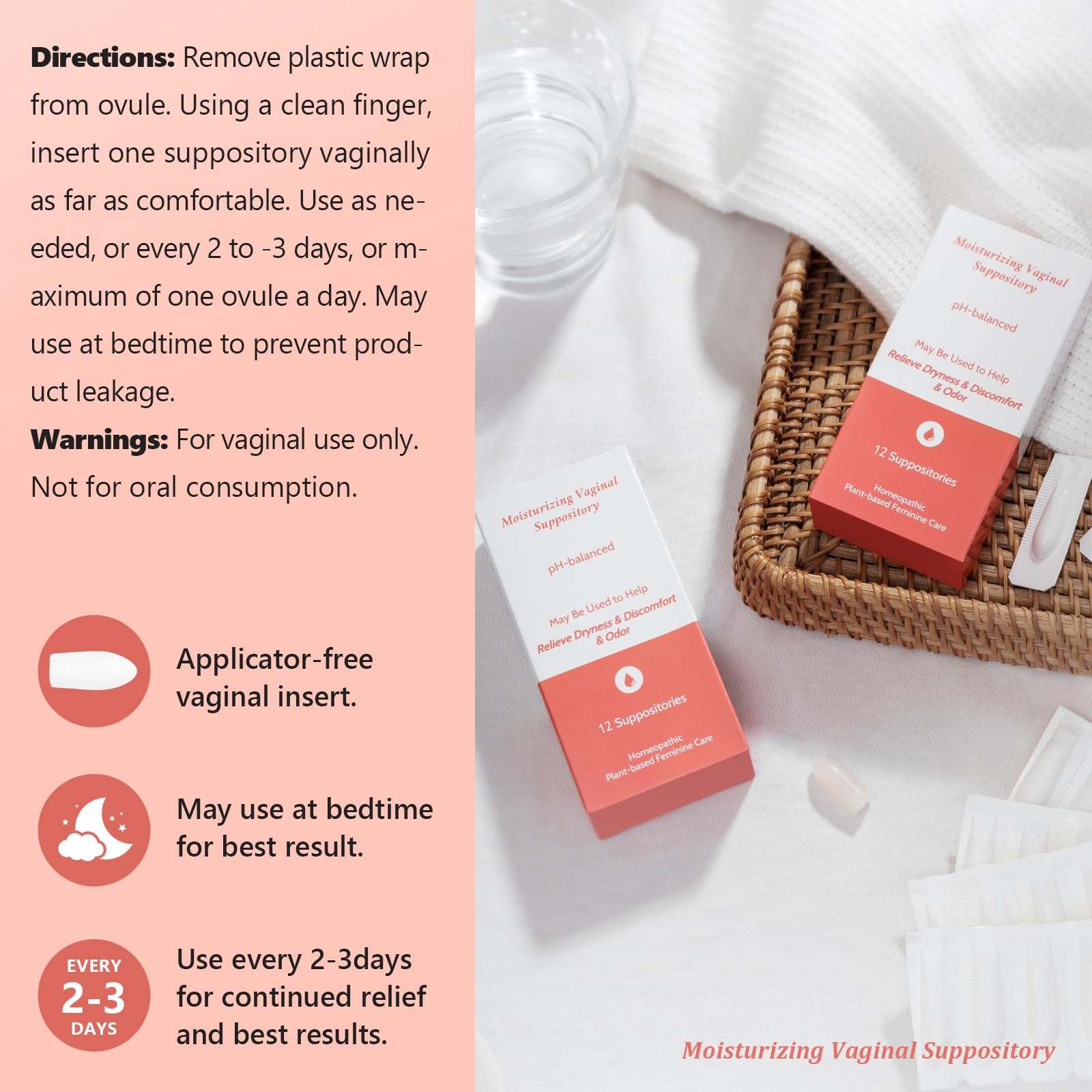 Vaginal Moisturizing Suppositories for Lasting Hydration & Comfort | Balances pH, Soothes Dryness