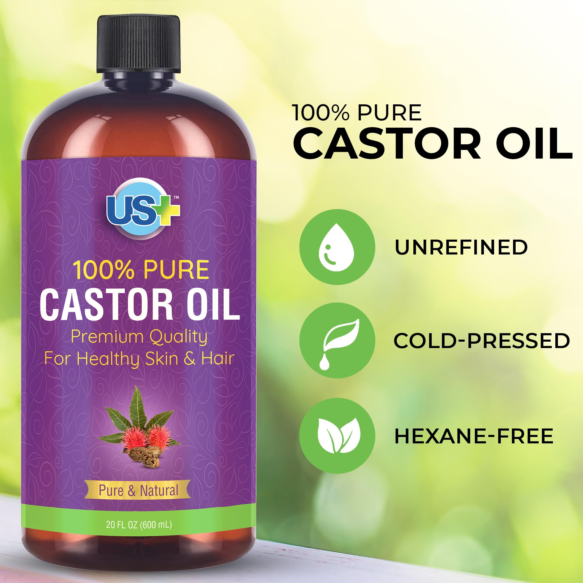 Us+ 20oz 100% Pure Castor Oil - Cold-pressed, Unrefined, Hexane-free - USP Grade - Premium Quality
