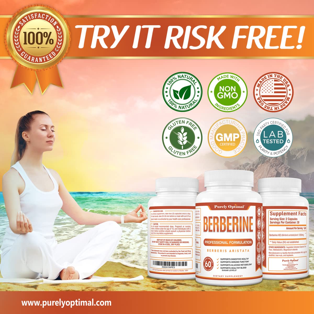 Purely Optimal Premium Berberine Supplement - 1200mg Berberine HCl, Non-GMO