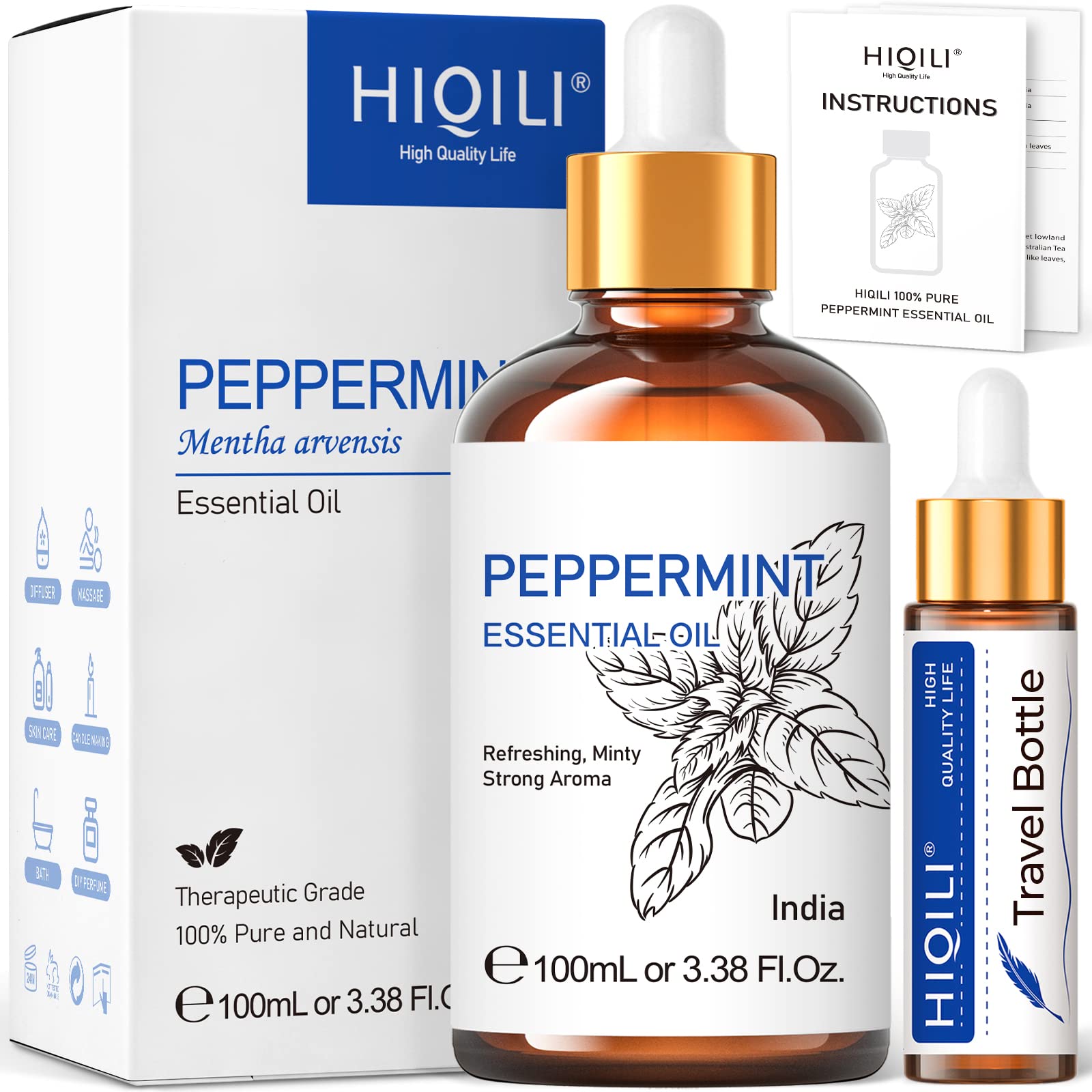 HIQILI Peppermint Oil 100ML, 100% Pure Peppermint Essential Oil Natural for Diffuser