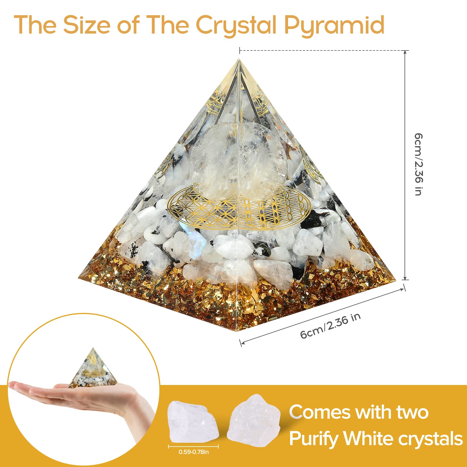 Hopeseed Orgone Pyramid for Positive Energy, Orgonite Rainbow Moonstone&White Crystal