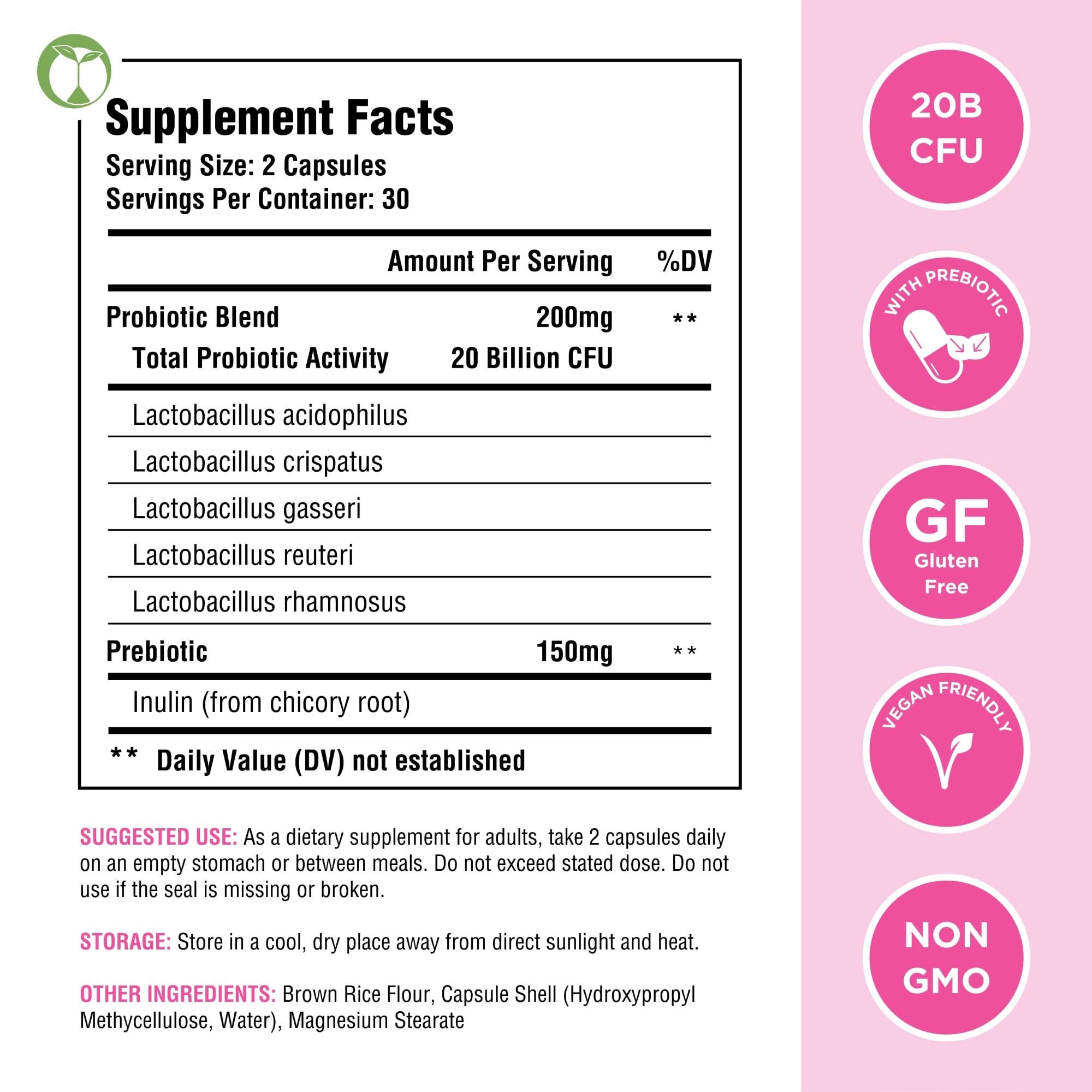 Vaginal Probiotics for Womens Health 20 Billion CFU | PH Balance & Vaginigal Odor Support 60 Capsules