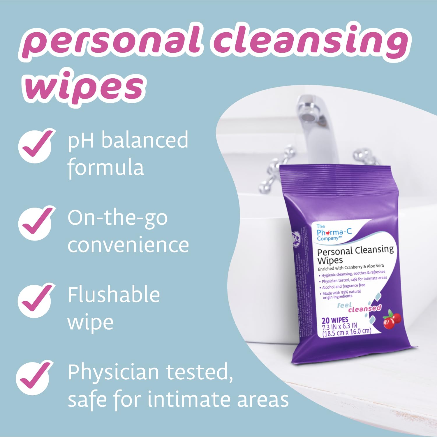 The Pharma-C Company Personal Cleansing Wipes [2 packs of 20 wipes] - Enriched with Cranberry & Aloe Vera