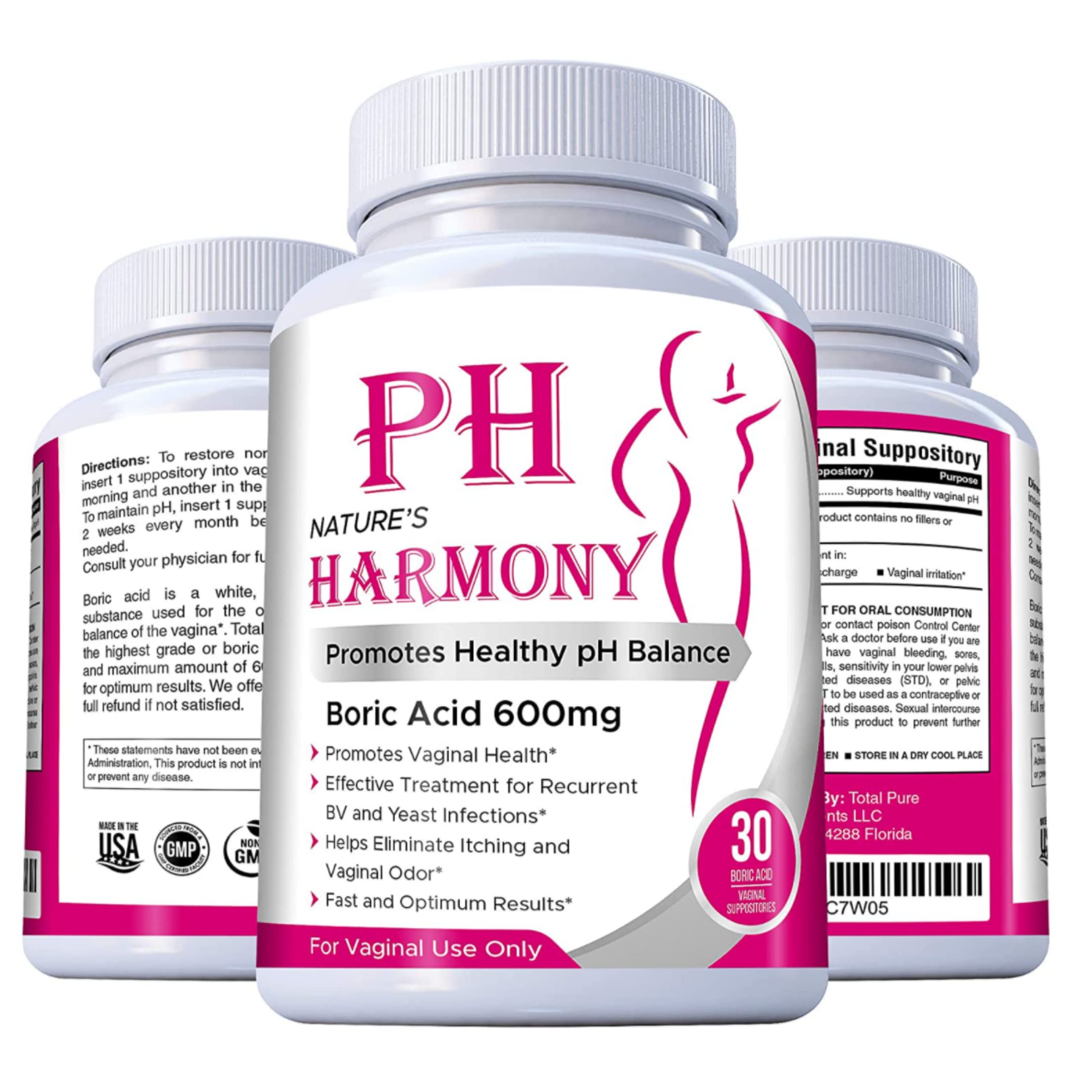 PURE PLANT HOME Boric Acid Suppositories Nature's Harmony 30 Count 600 mg 100% Pure Made in USA