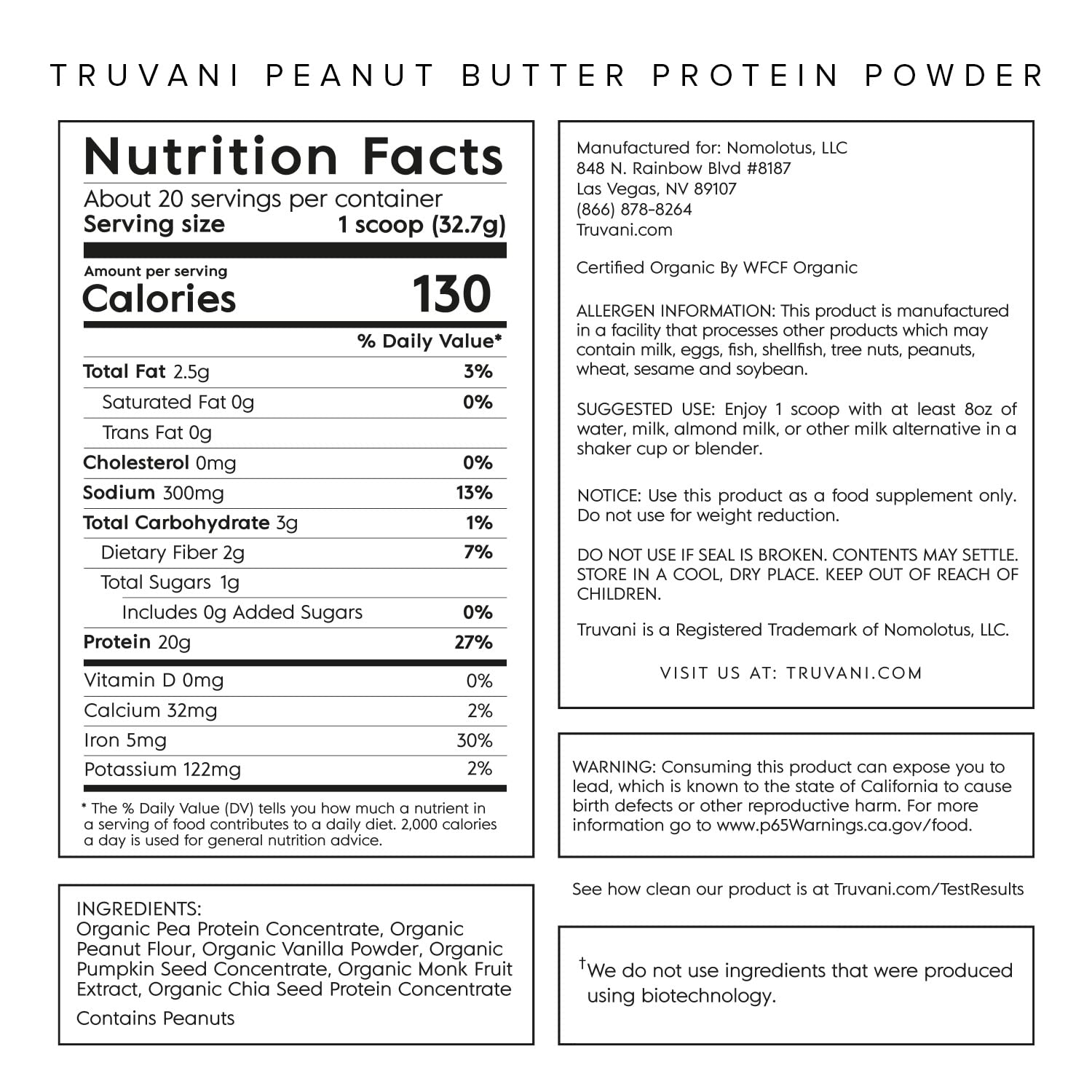Truvani Organic Vegan Protein Powder Peanut Butter - 20g of Plant Based Protein, Powder