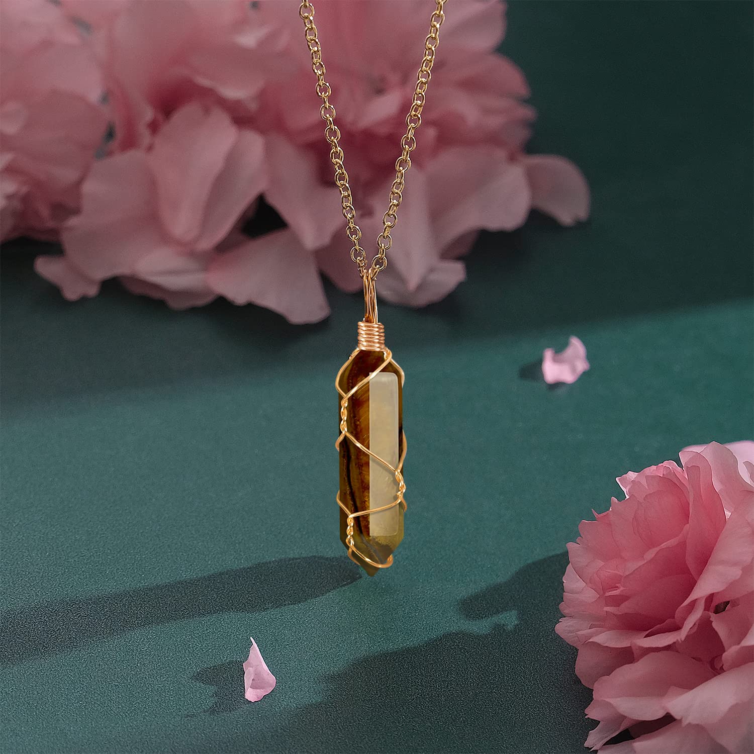 VIBILIA Healing Crystal Necklace Wire Wrapped Natural Tigerite Stone Point Pendant Necklace Hexagonal