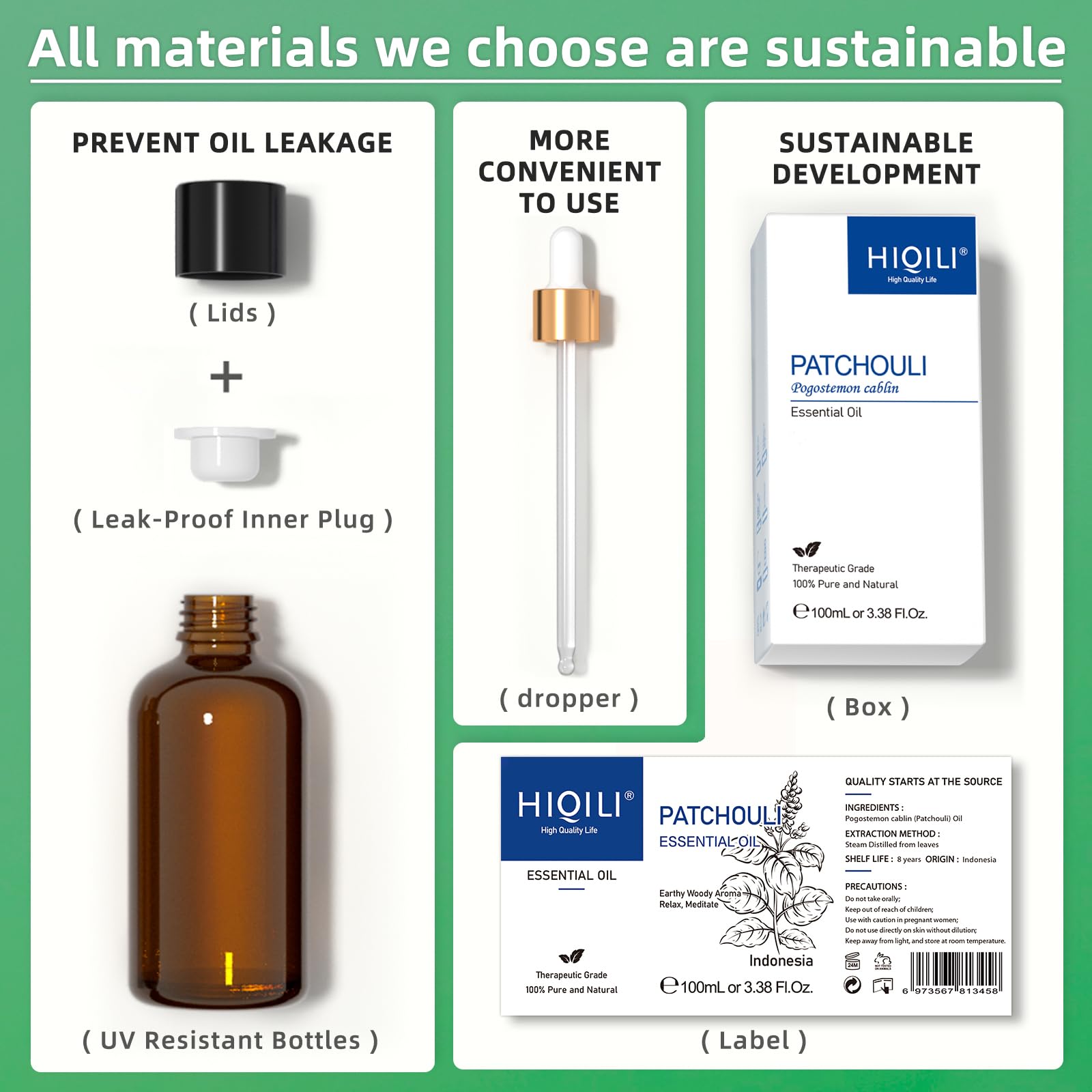 HIQILI Patchouli Essential Oil 100ML, Pure Natural, for Perfume Making, Diffuser and Skin