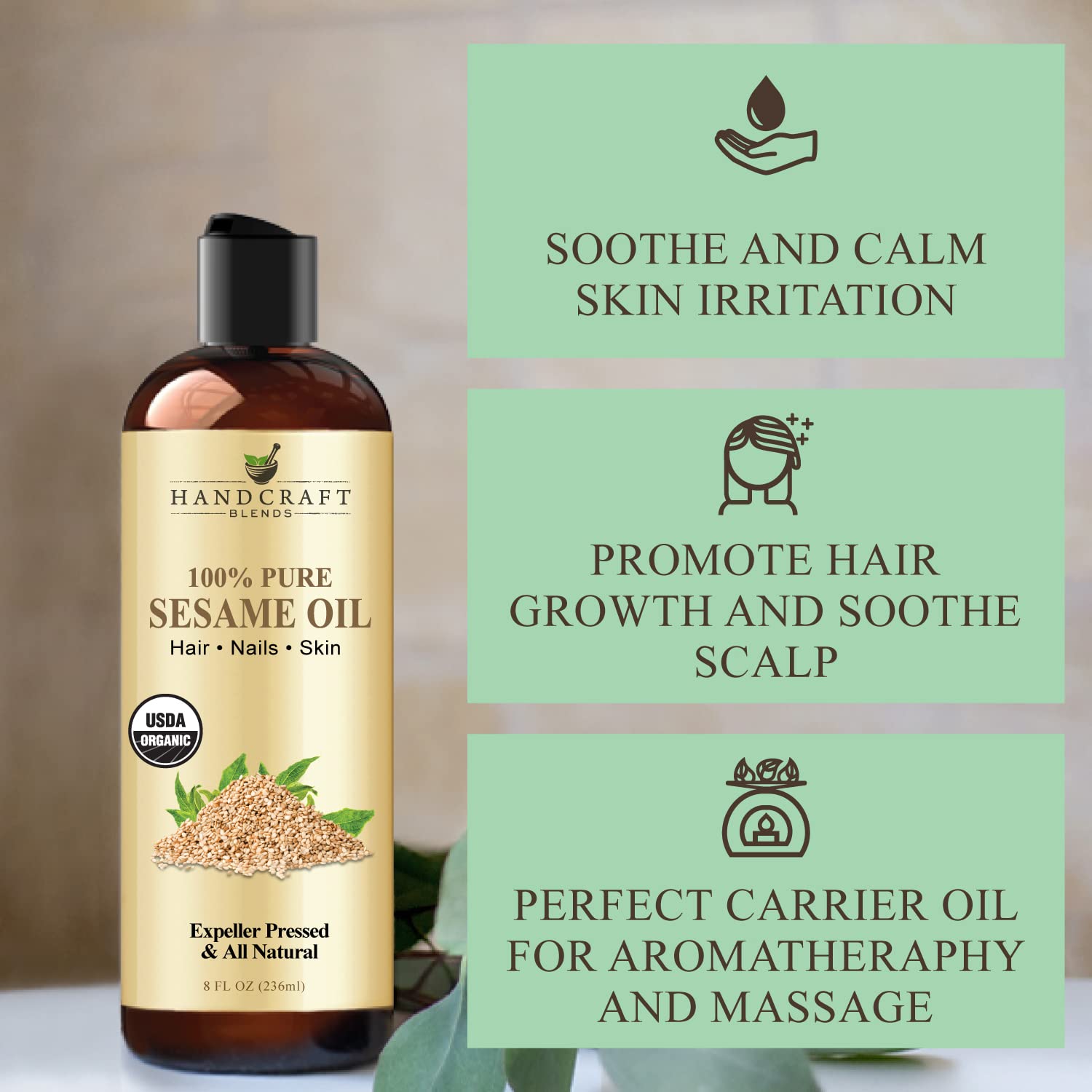 Handcraft Blends Organic Sesame Oil for Skin and Hair 8 oz - 100% Pure and Natural - Premium