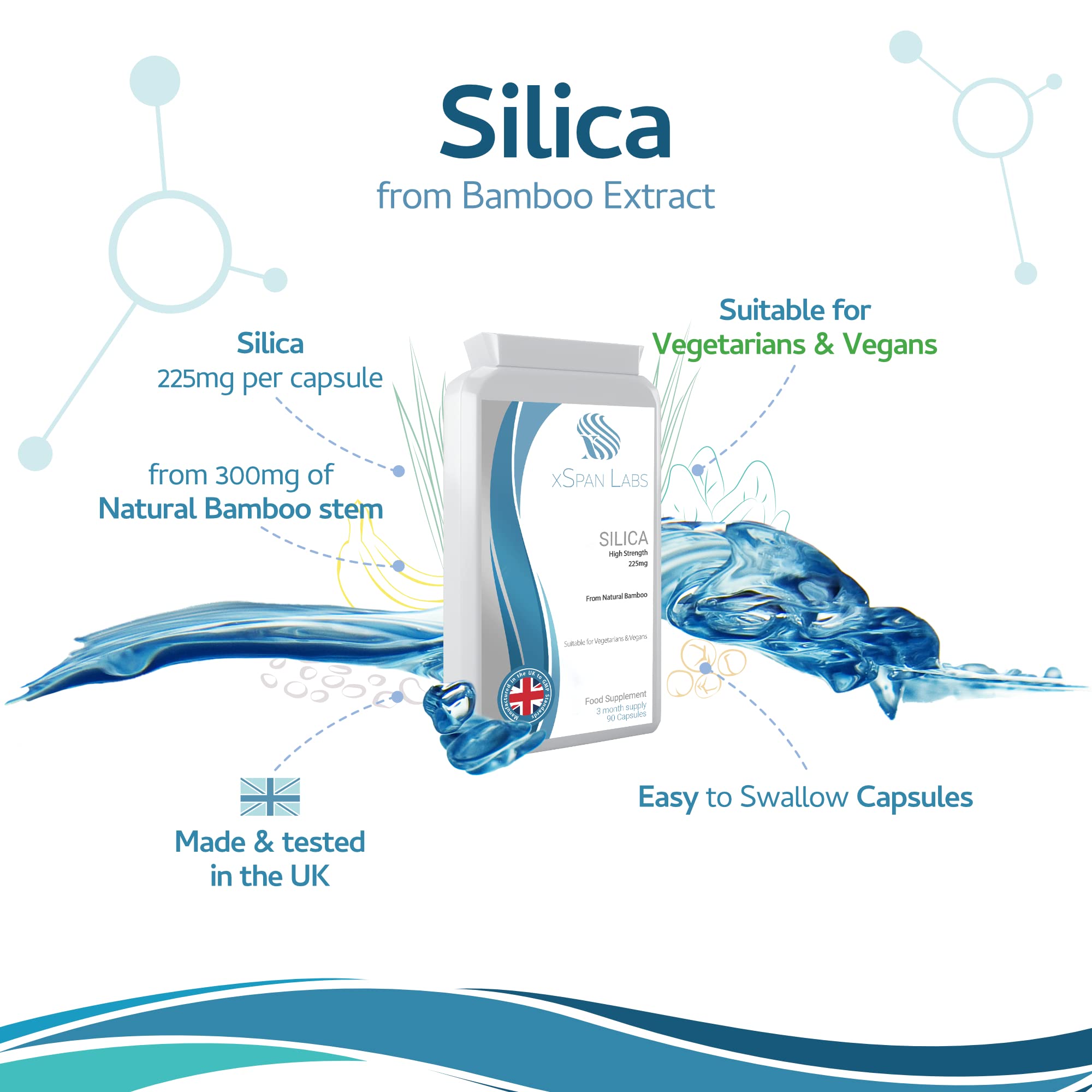 Silica 225mg – 90 Capsules - A Potent Highly Bioavailable Form - Naturally Sourced from Bamboo Extract - One-A-Day Vegan Capsules to Support Healthy Hair, Nails and Skin - Made in The UK