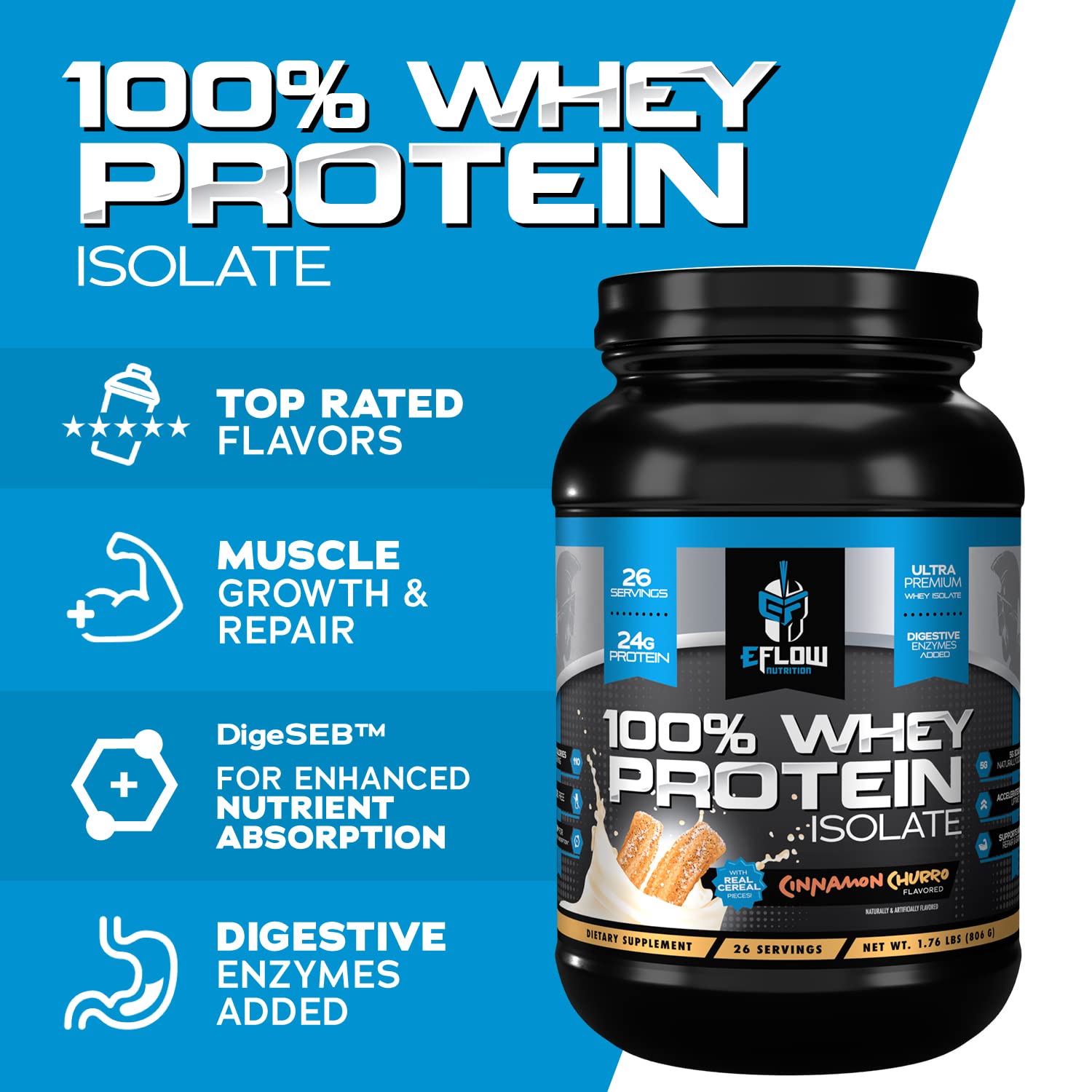 eFlow Nutrition 100% Whey Protein Isolate - Lactose-Free Digestive Enzymes Added