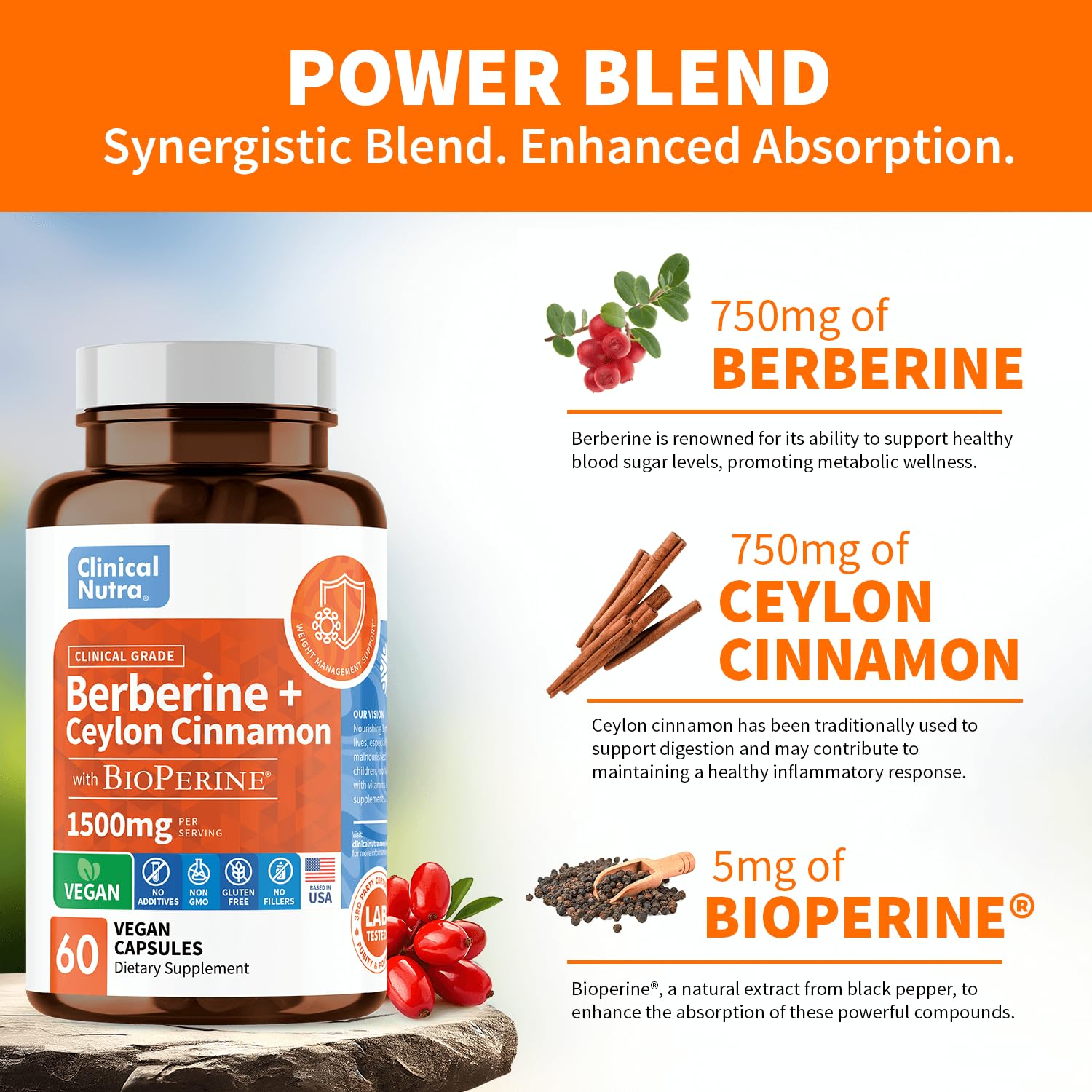 Clinical Grade Berberine Supplement 1500mg HCL Plus Ceylon Cinnamon Weight Managemen