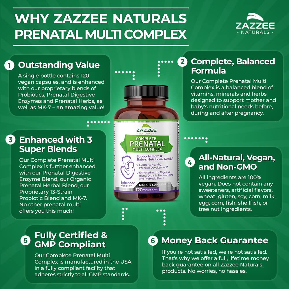 Zazzee Extra Strength Complete Prenatal Multi Complex, 120 Vegan Capsules, 2 Month Supply