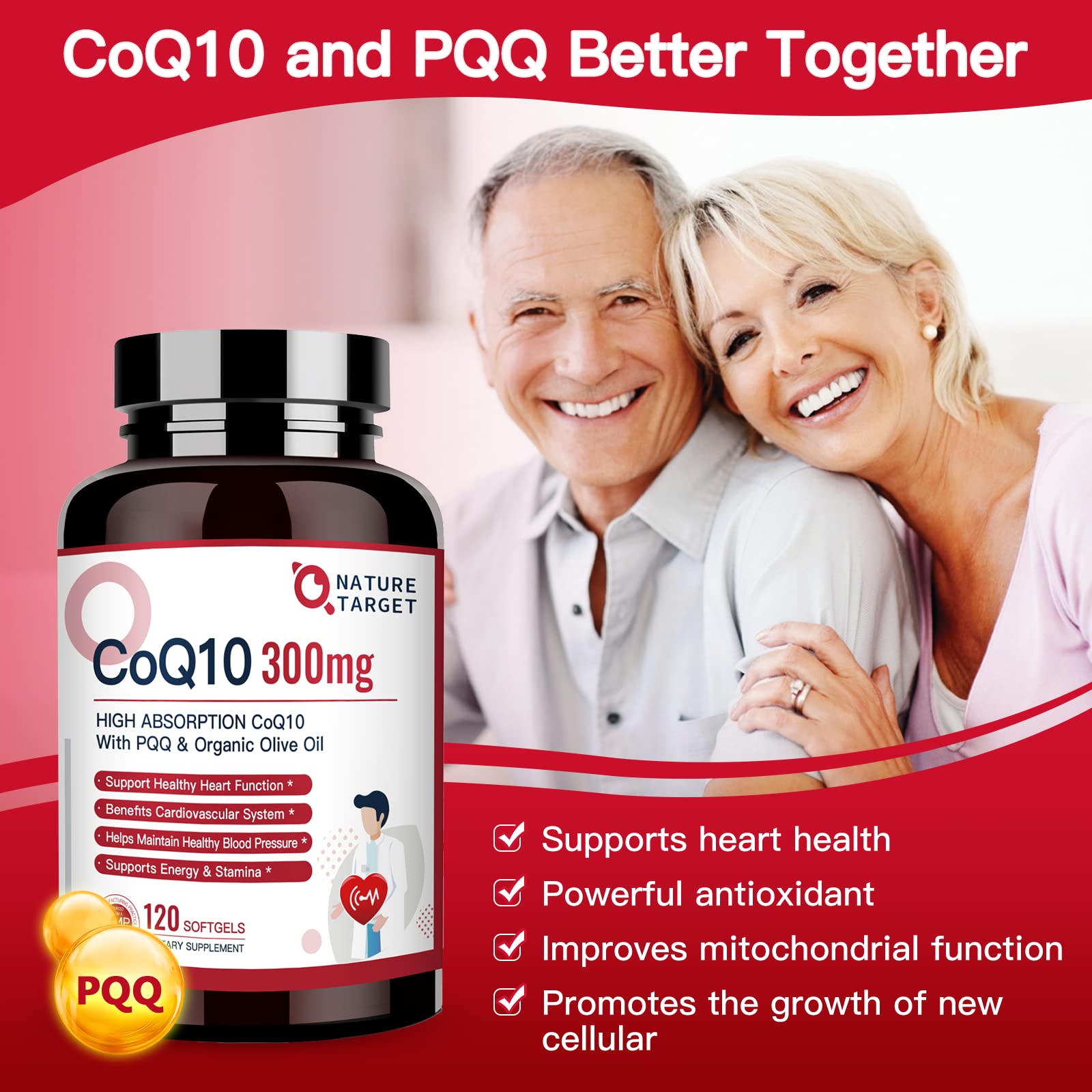 NATURE TARGET CoQ10-300mg-Softgels + PQQ with Organic-Olive-Oil - High Absorption