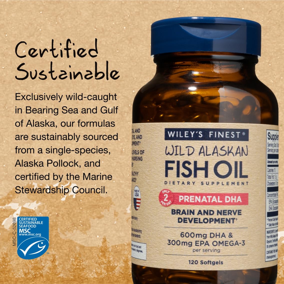 Wiley's Finest Wild Alaskan Fish Oil Prenatal DHA - 900mg EPA and DHA Omega-3s