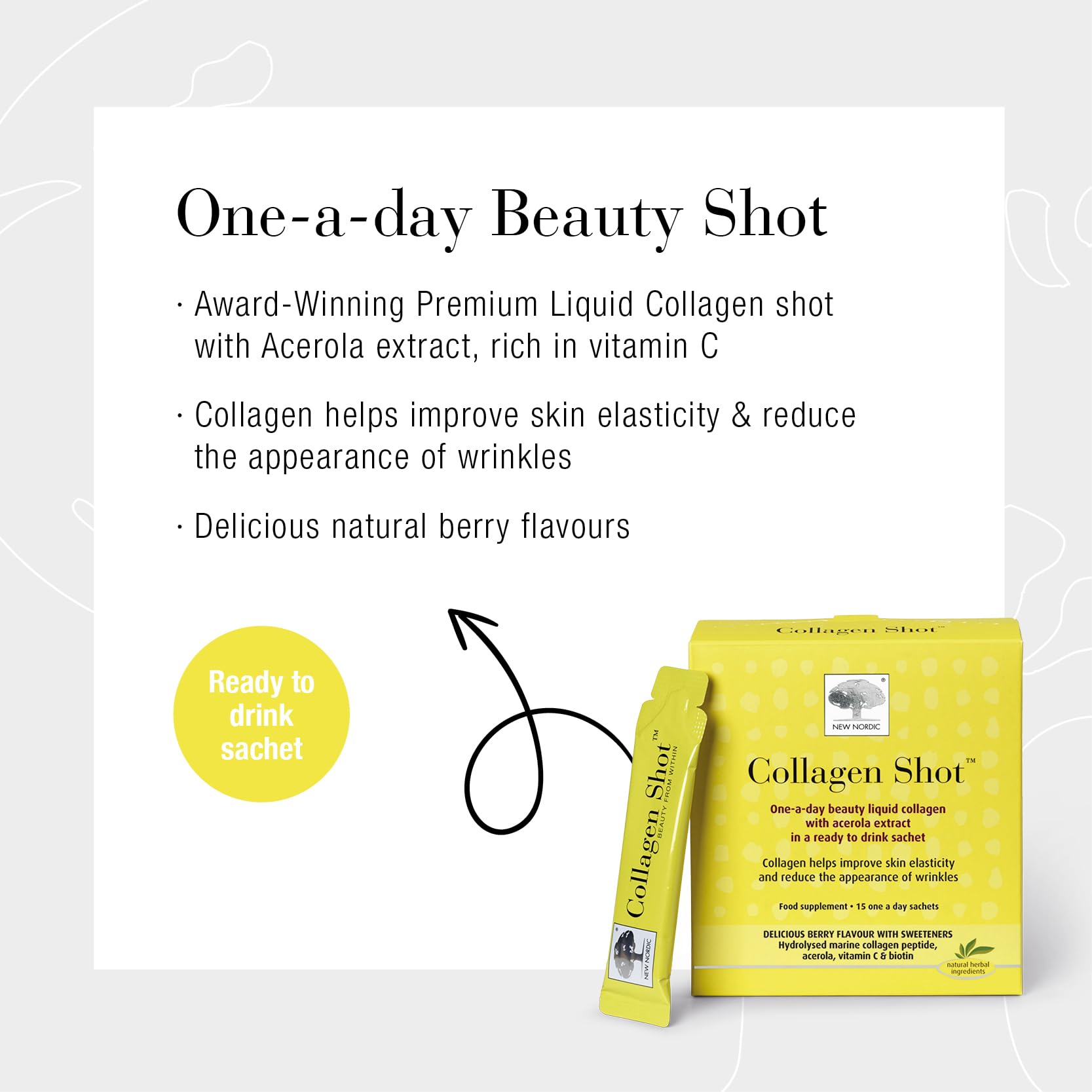 New Nordic Collagen Shot High-Absorbency Premium Liquid Daily Sachets - 15x Hydrolysed Shots - Freshwater Marine Collagen