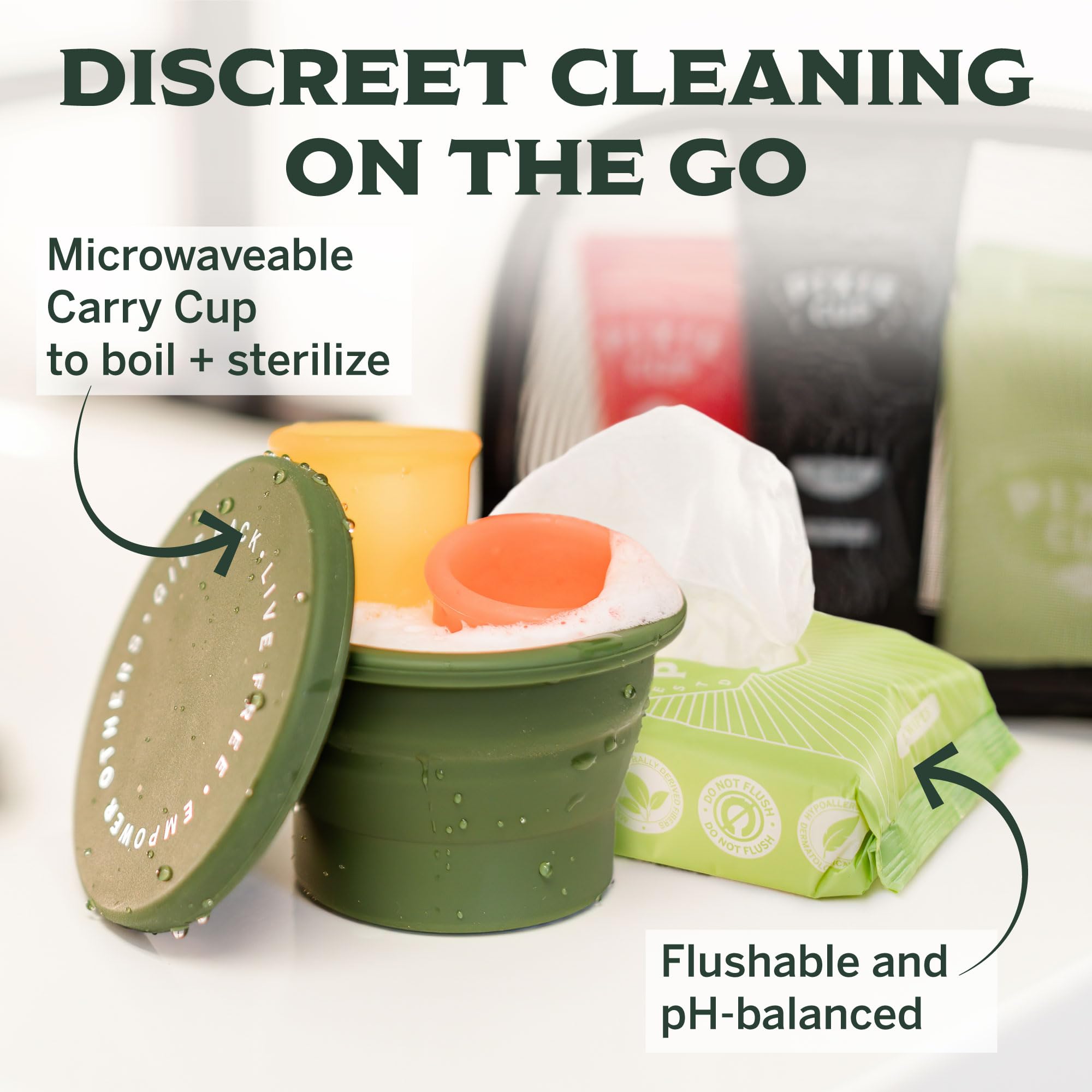 Pixie Cup Menstrual Kit - Best Period Cup Starter Kit - 2 Cups, Wash, 20 Wipes, Lube, Public