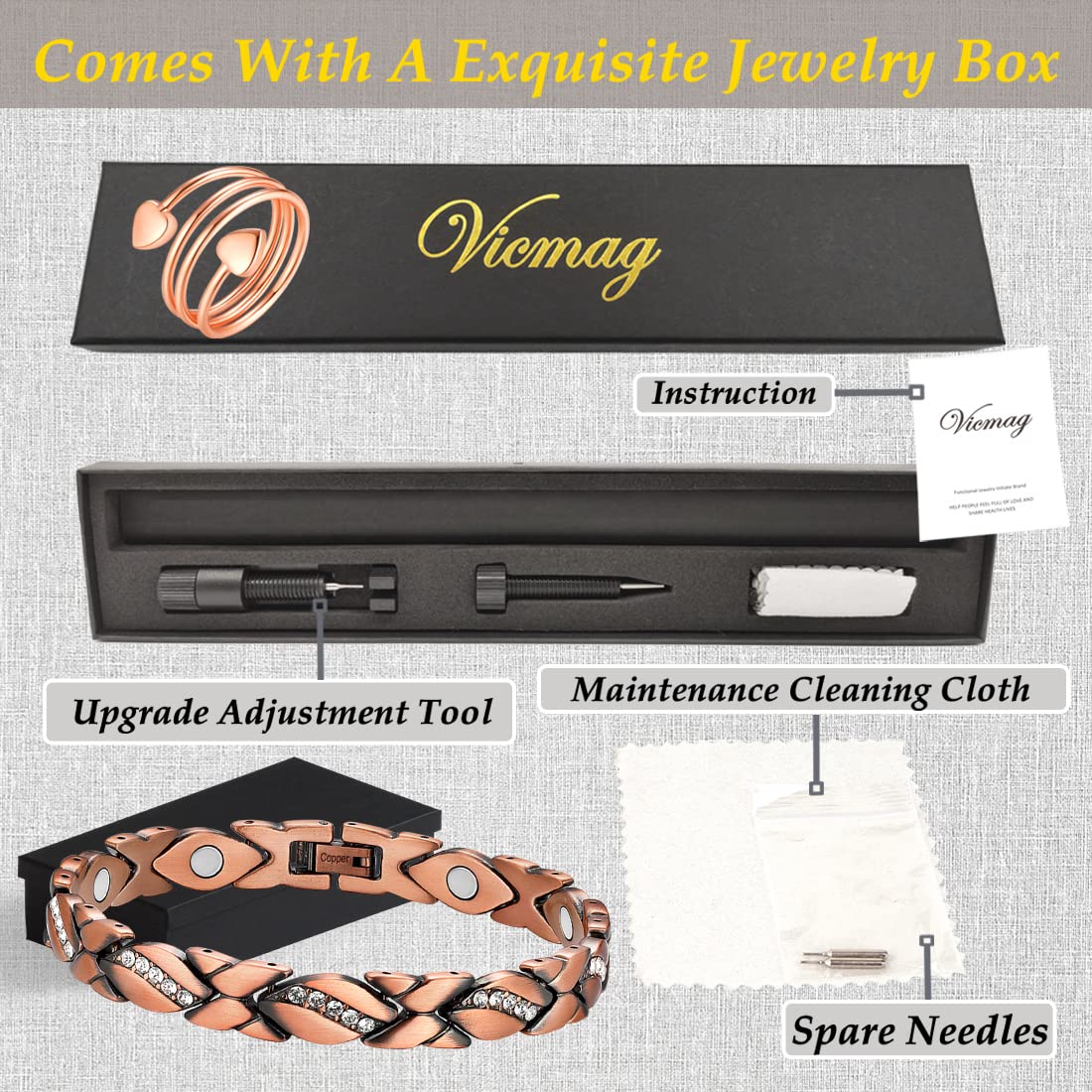 Vicmag Copper Bracelet for Women 99.9% Solid Pure Copper Valentine's Day Gift for Her with Adjustment Tool