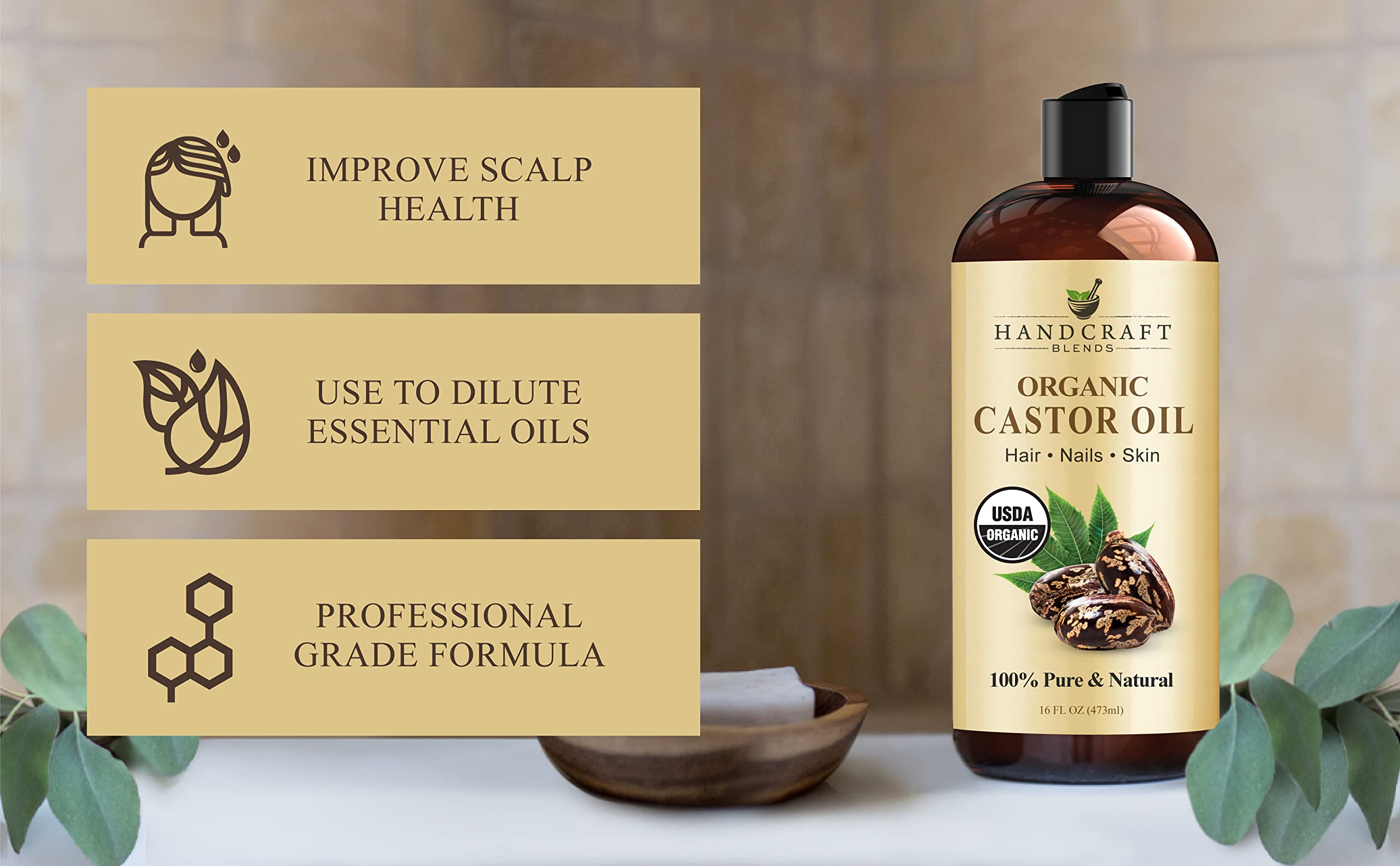 Handcraft Blends Organic Castor Oil for Hair Growth, Eyelashes and Eyebrows - 100% Pure