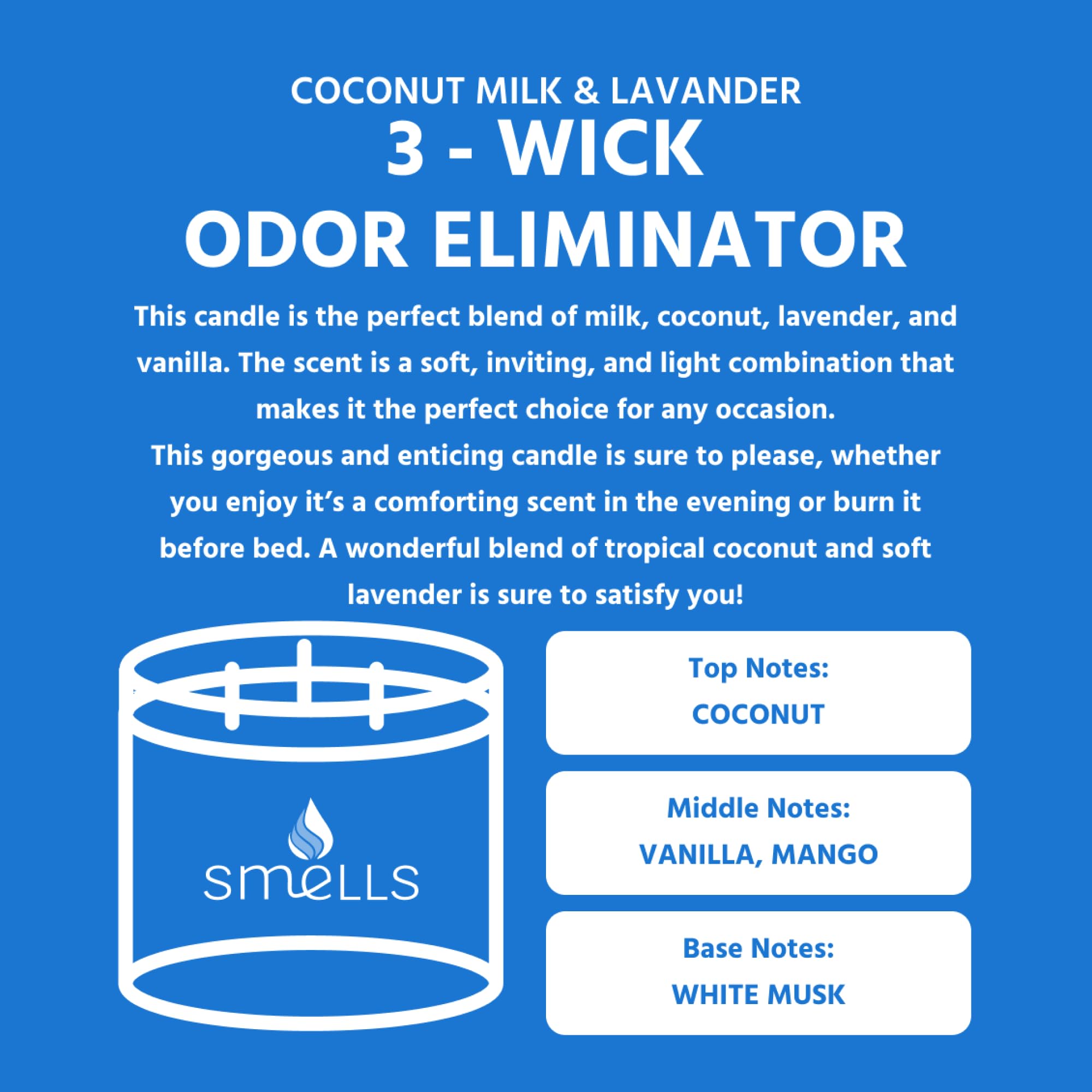Smells - Odor Eliminator - Premium Soy Wax Jar Scented Candle 12oz. and 16oz. - 100% Cotton Single Wick