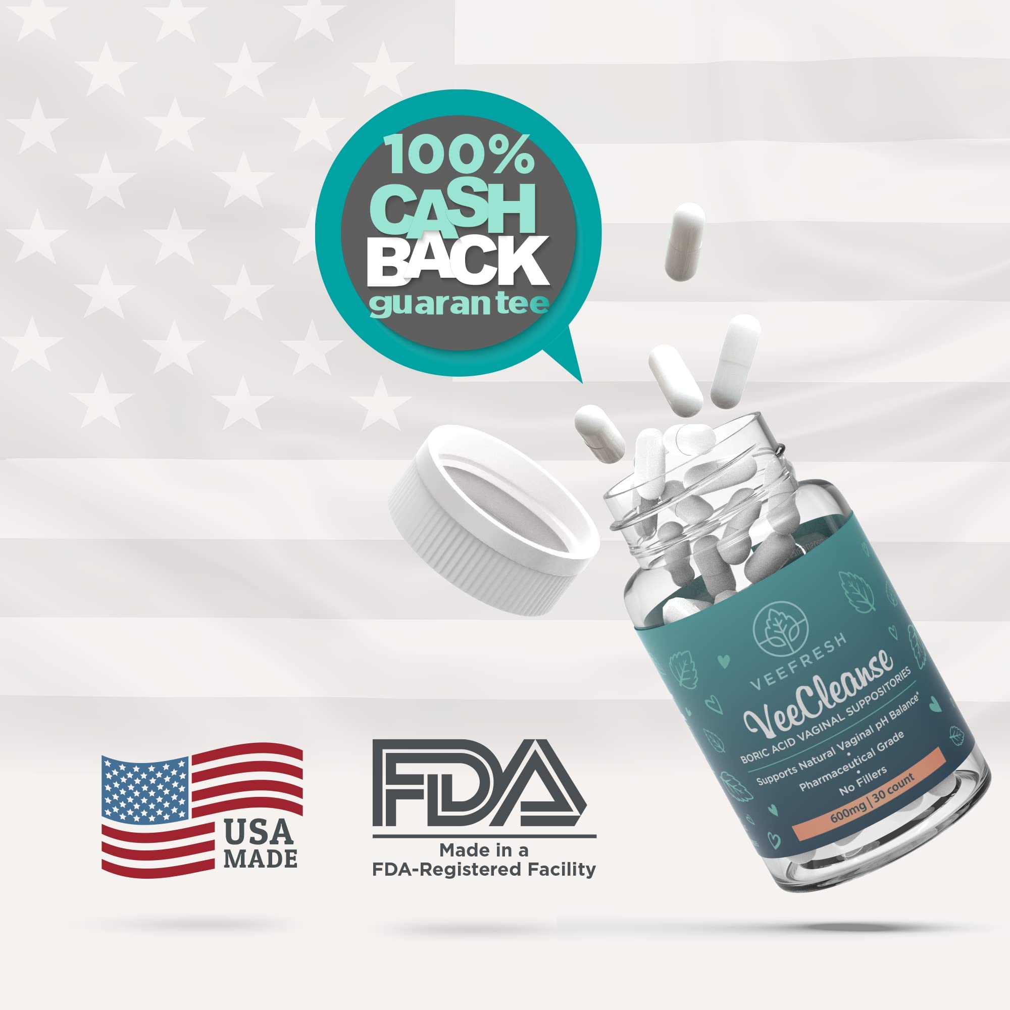 VeeFresh - VeeCleanse Boric Acid Vaginal Suppositories - Vaginal pH Balance Suppositories