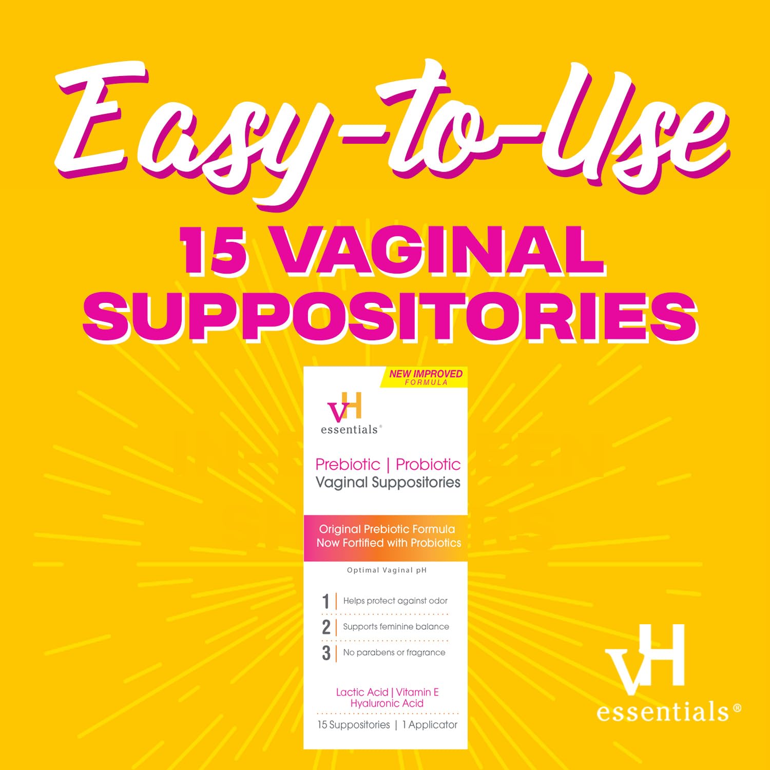 vH essentials Prebiotic PH Balanced Vaginal SuppositoriesBox, Original Version, 15 Count