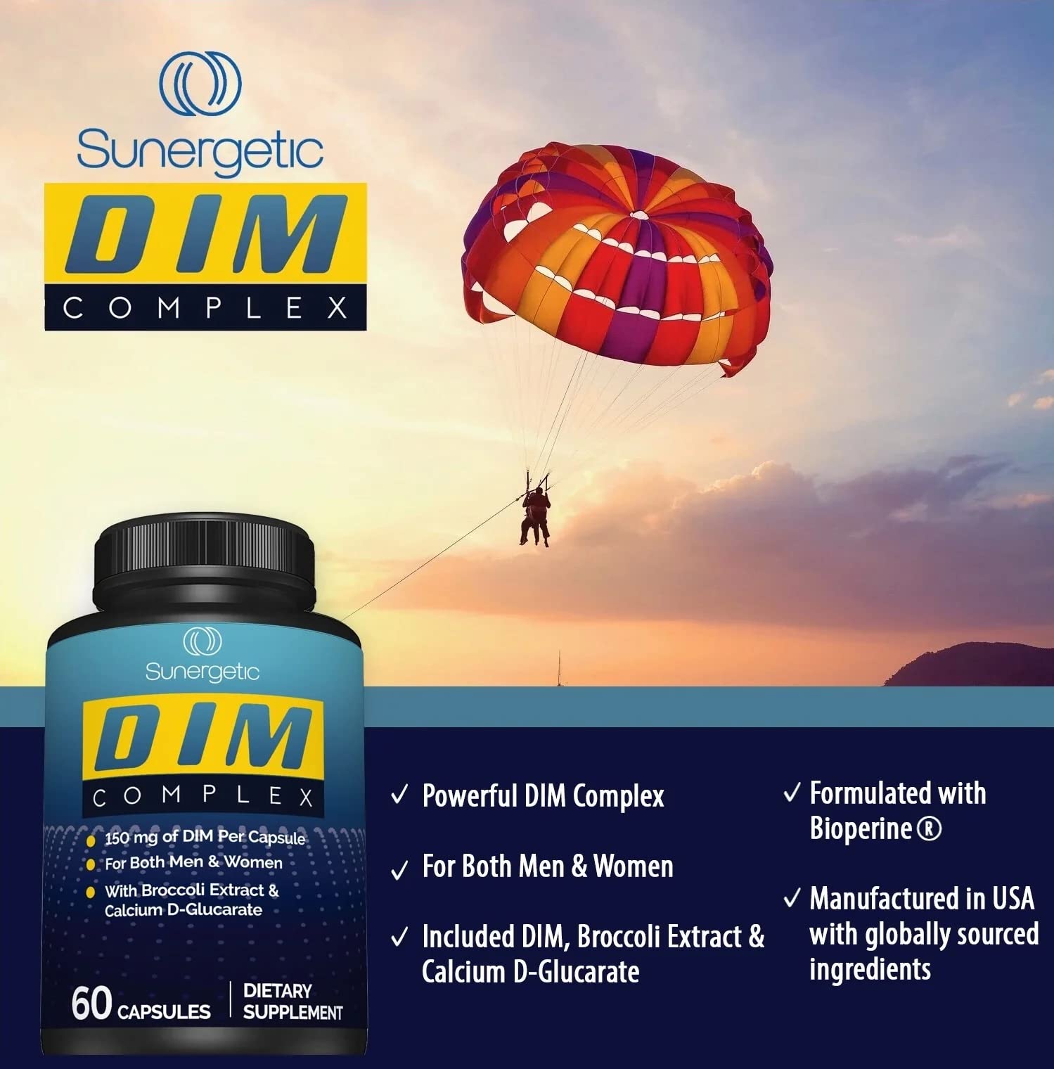 Sunergetic Premium DIM Supplement– 150mg DIM (diindolylmethane), Broccoli