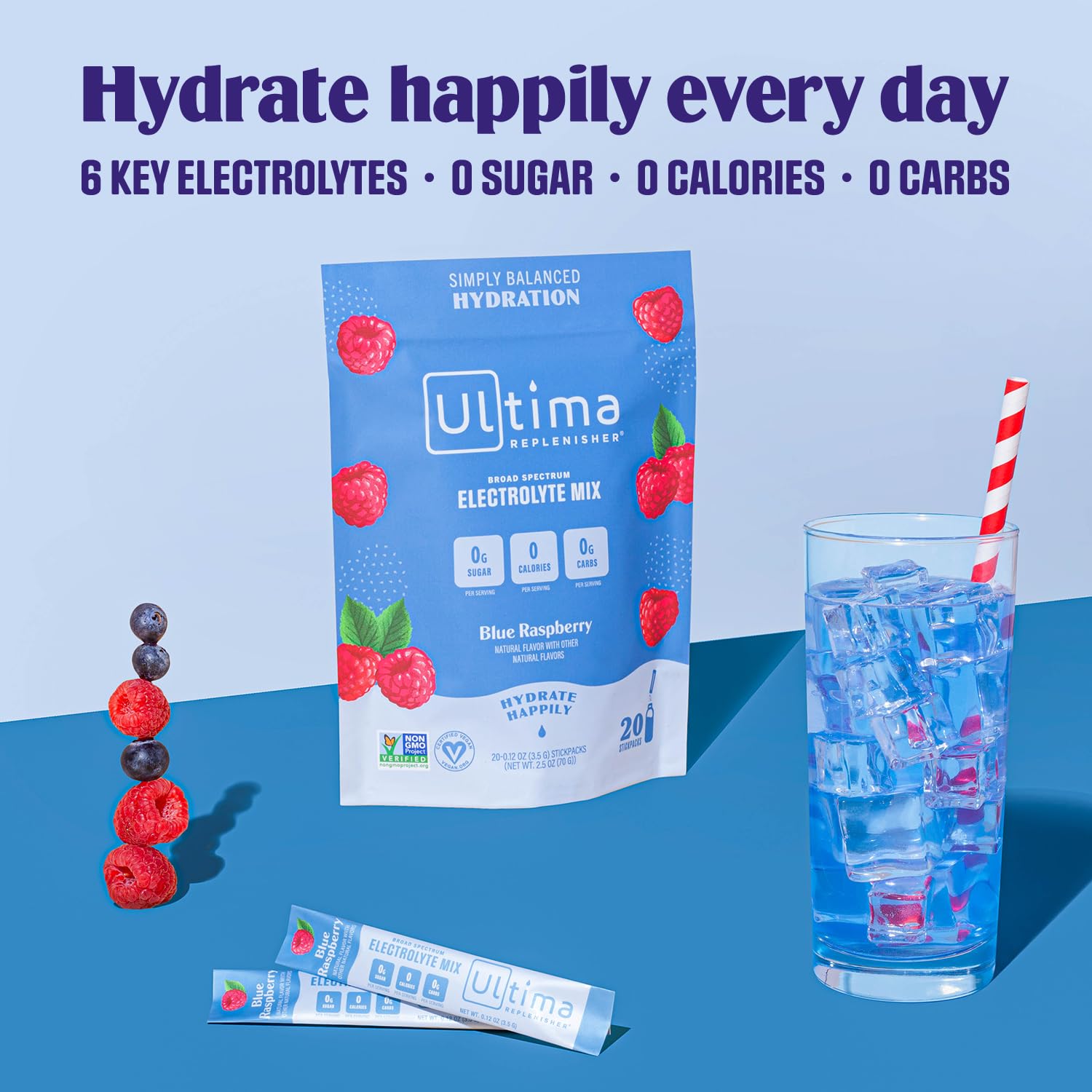 Ultima Replenisher Daily Electrolyte Drink Mix – Blue Raspberry, 20 Stickpacks – Hydration
