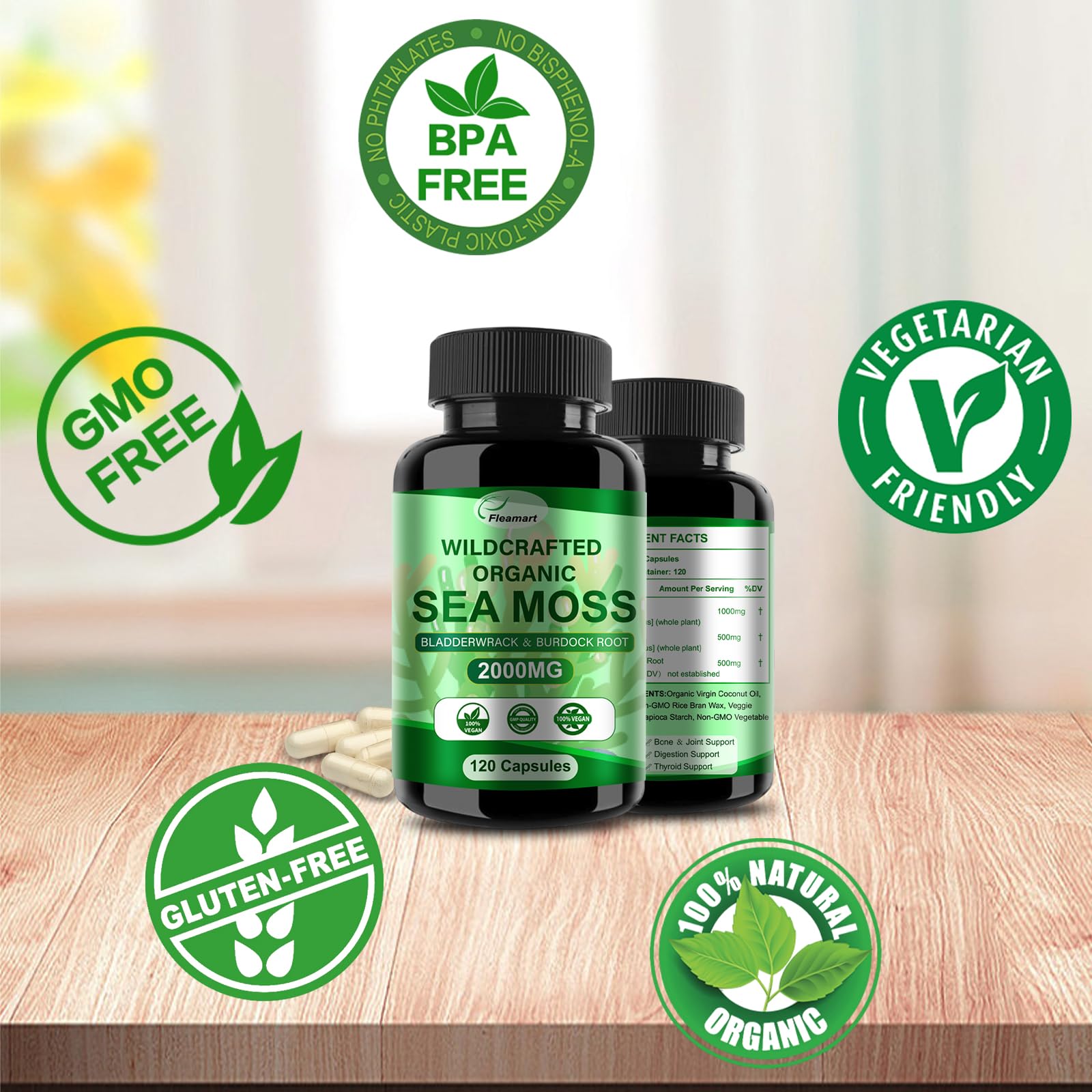 Fleamart Irish Sea Moss Capsules 120ct Raw Organic Sea Moss Wildcrafted Bladderwrack