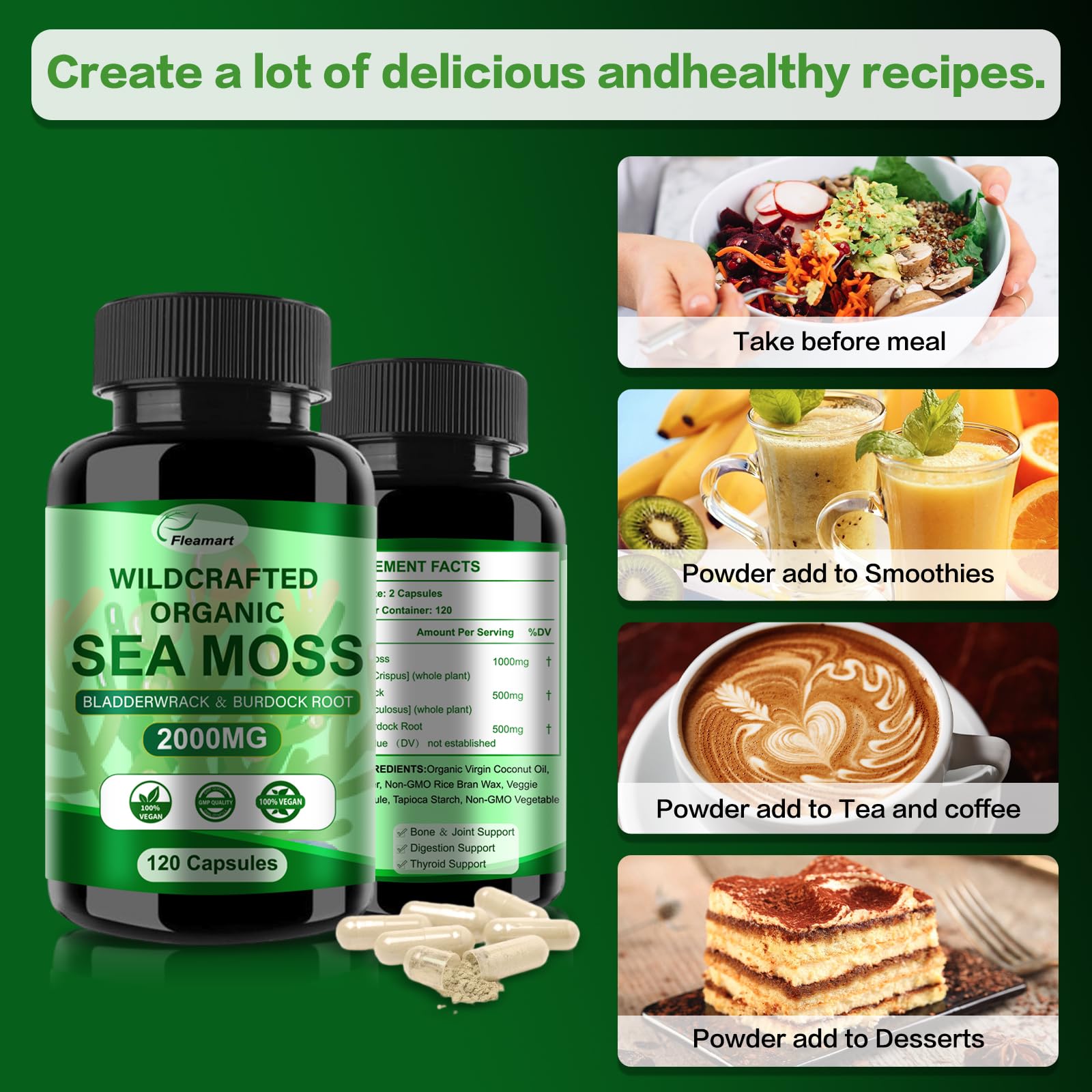 Fleamart Irish Sea Moss Capsules 120ct Raw Organic Sea Moss Wildcrafted Bladderwrack