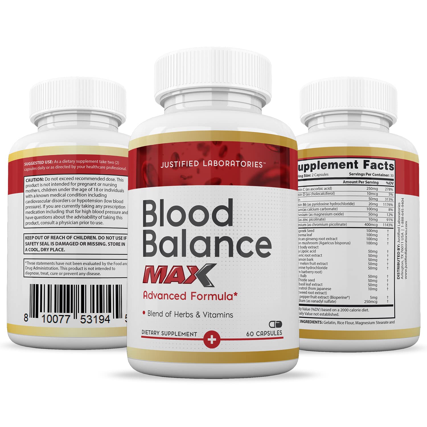 Justified Laboratories (3 Pack Blood Balance Max 1295MG Formula Supplement Pills