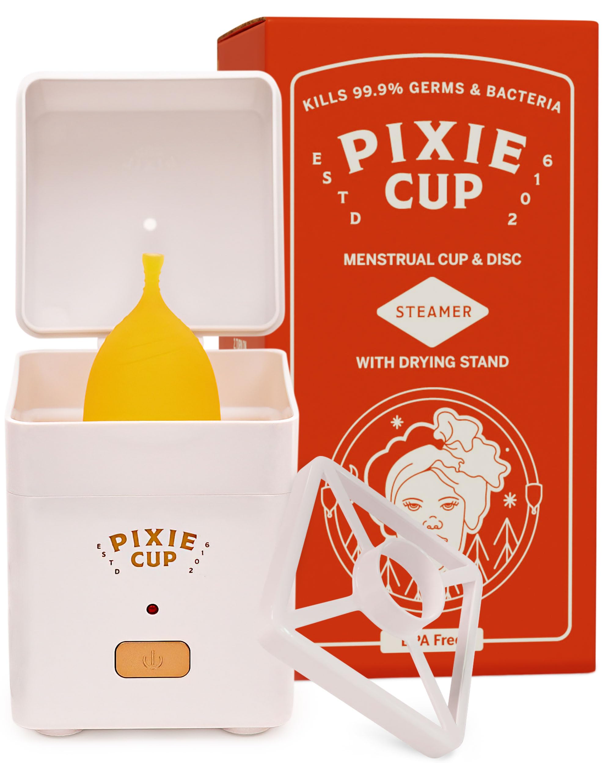 Pixie Menstrual Cup Sterilizer Cleaner Machine - The Only Hinged Lid Steamer & Drying Stand
