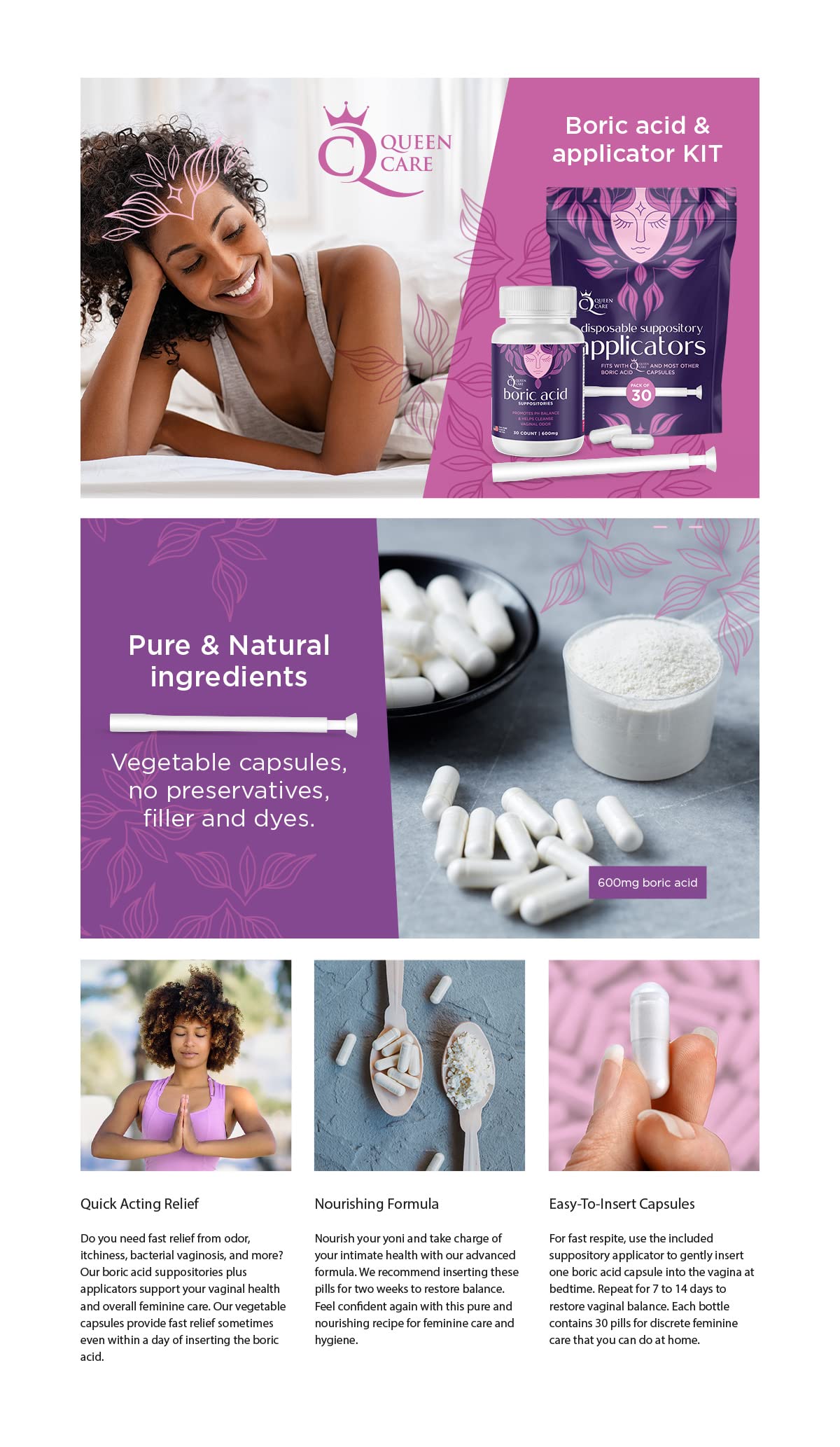 Queen Care - Boric Acid Suppositories & Applicators, Complete Feminine Care, PH Balance for Women