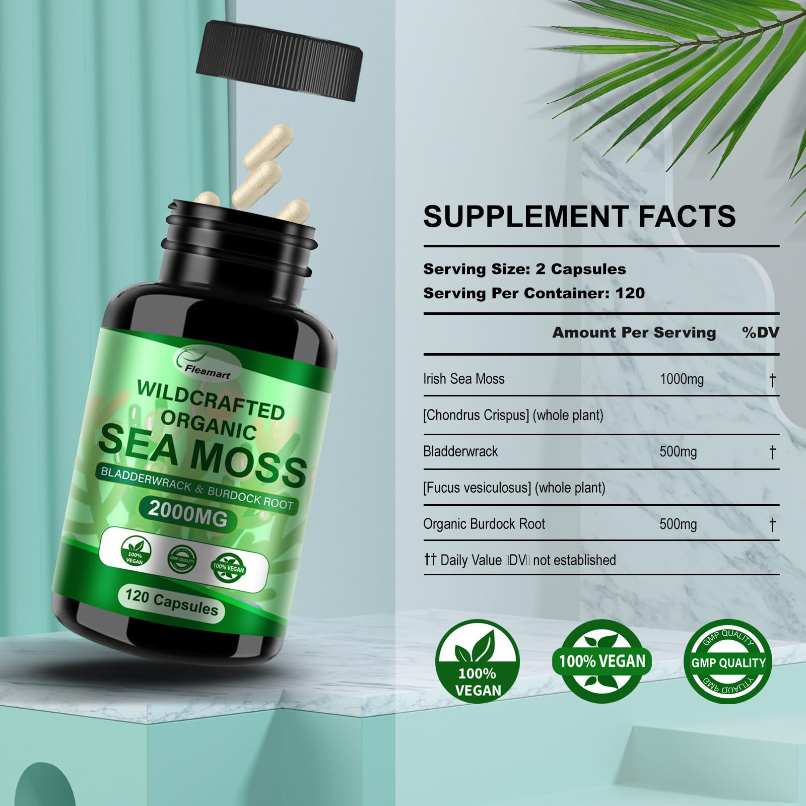 Fleamart Irish Sea Moss Capsules 120ct Raw Organic Sea Moss Wildcrafted Bladderwrack