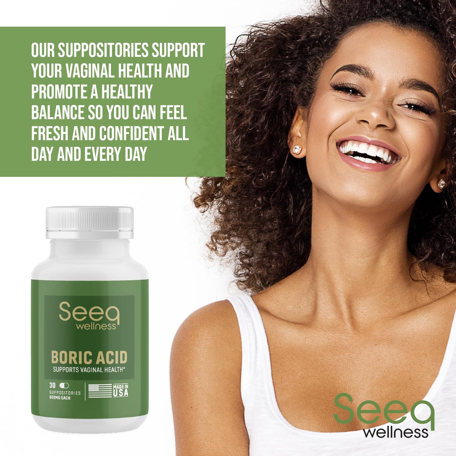 Seeq Wellness Boric Acid Vaginal Suppositories - Helps Support Odor Control and Balance Vaginal PH