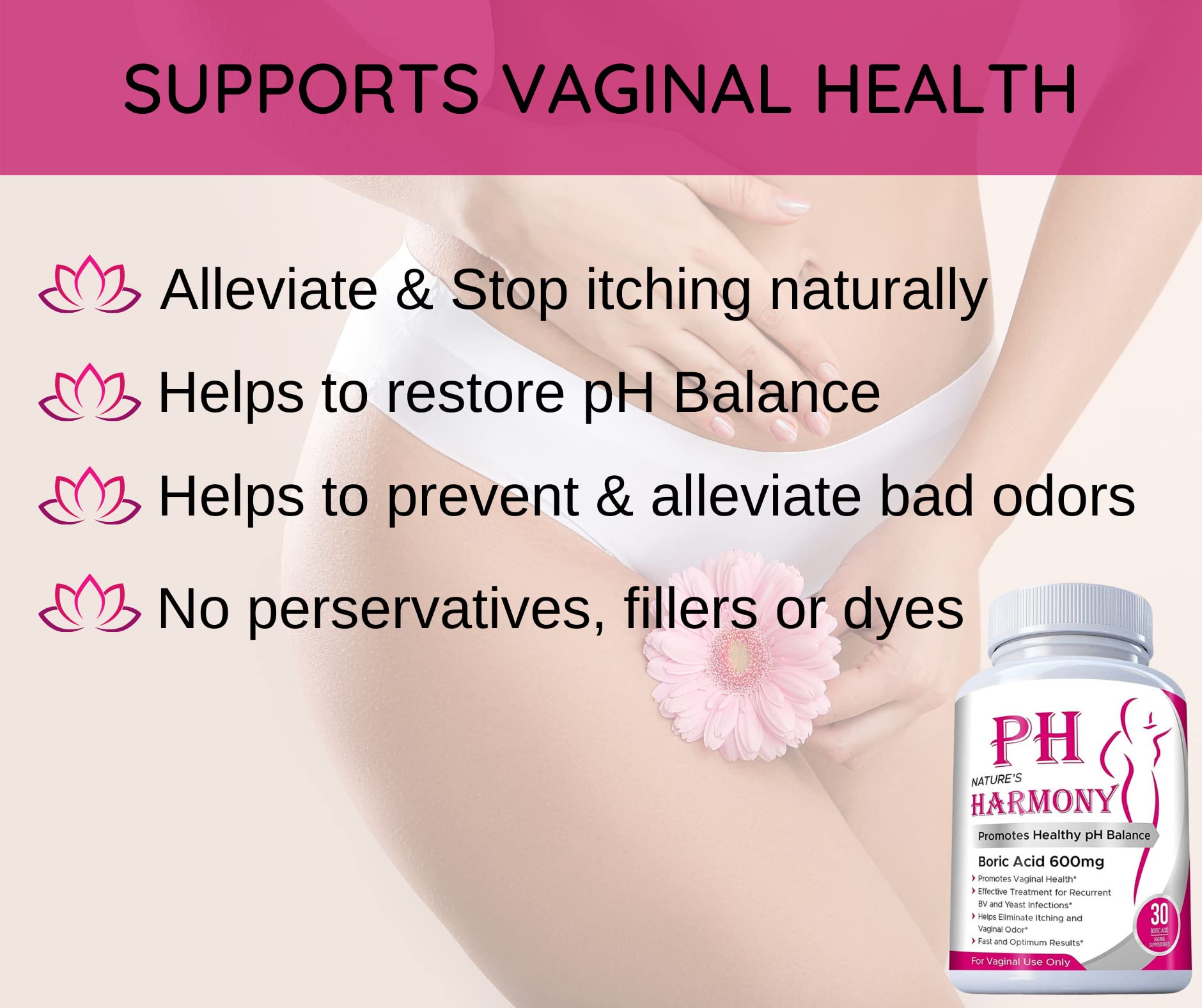 PURE PLANT HOME Boric Acid Suppositories Nature's Harmony 30 Count 600 mg 100% Pure Made in USA