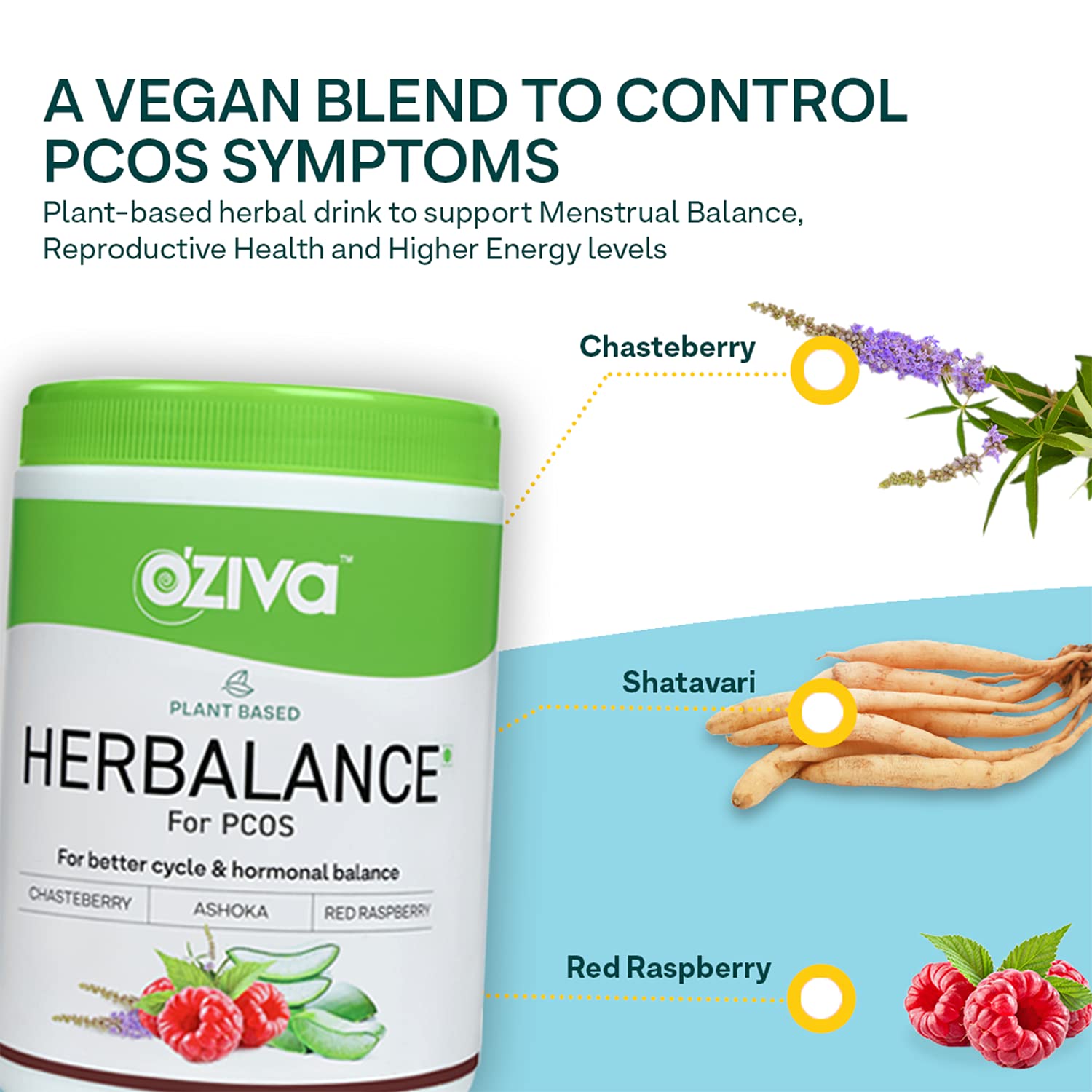OZiva Plant Based HerBalance for PCOS (with Chasteberry, Shatavari, Red Raspberry, Ashoka) for better cycle